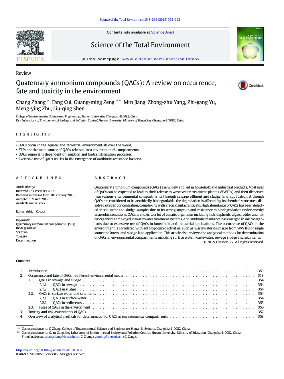 Quaternary ammonium compounds (QACs): A review on occurrence, fate and toxicity in the environment