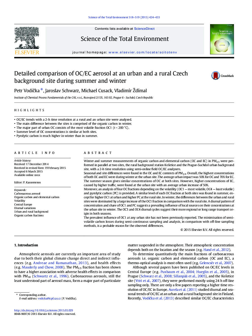 Detailed comparison of OC/EC aerosol at an urban and a rural Czech background site during summer and winter