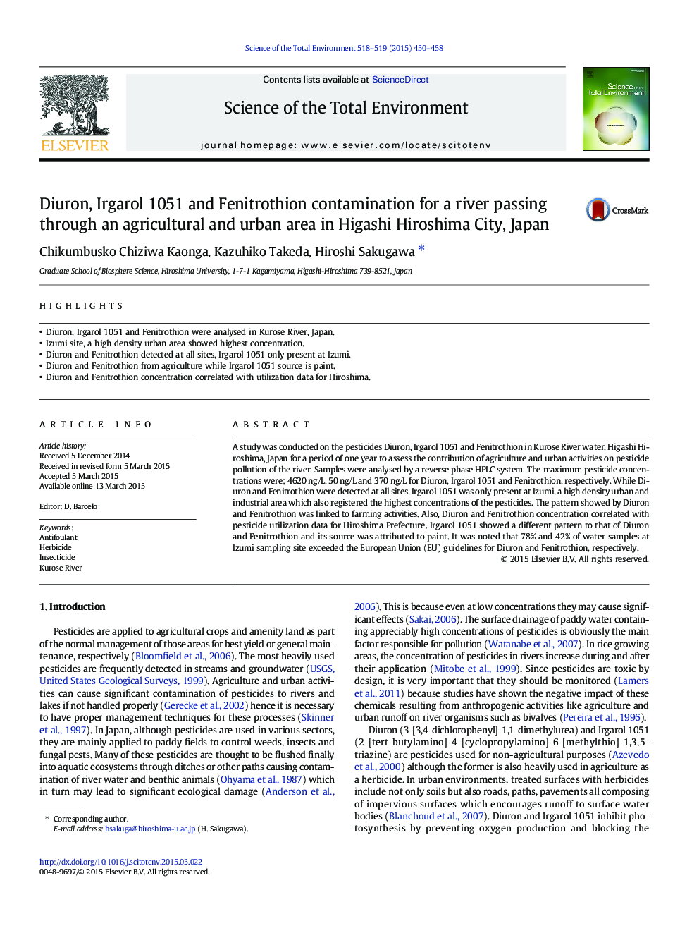 Diuron, Irgarol 1051 and Fenitrothion contamination for a river passing through an agricultural and urban area in Higashi Hiroshima City, Japan