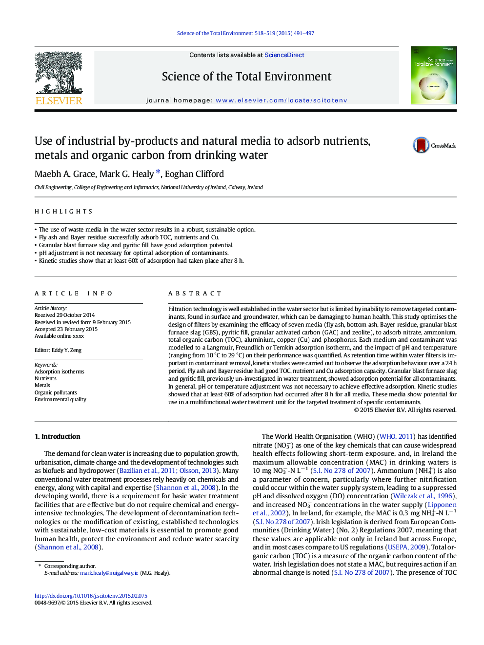 Use of industrial by-products and natural media to adsorb nutrients, metals and organic carbon from drinking water