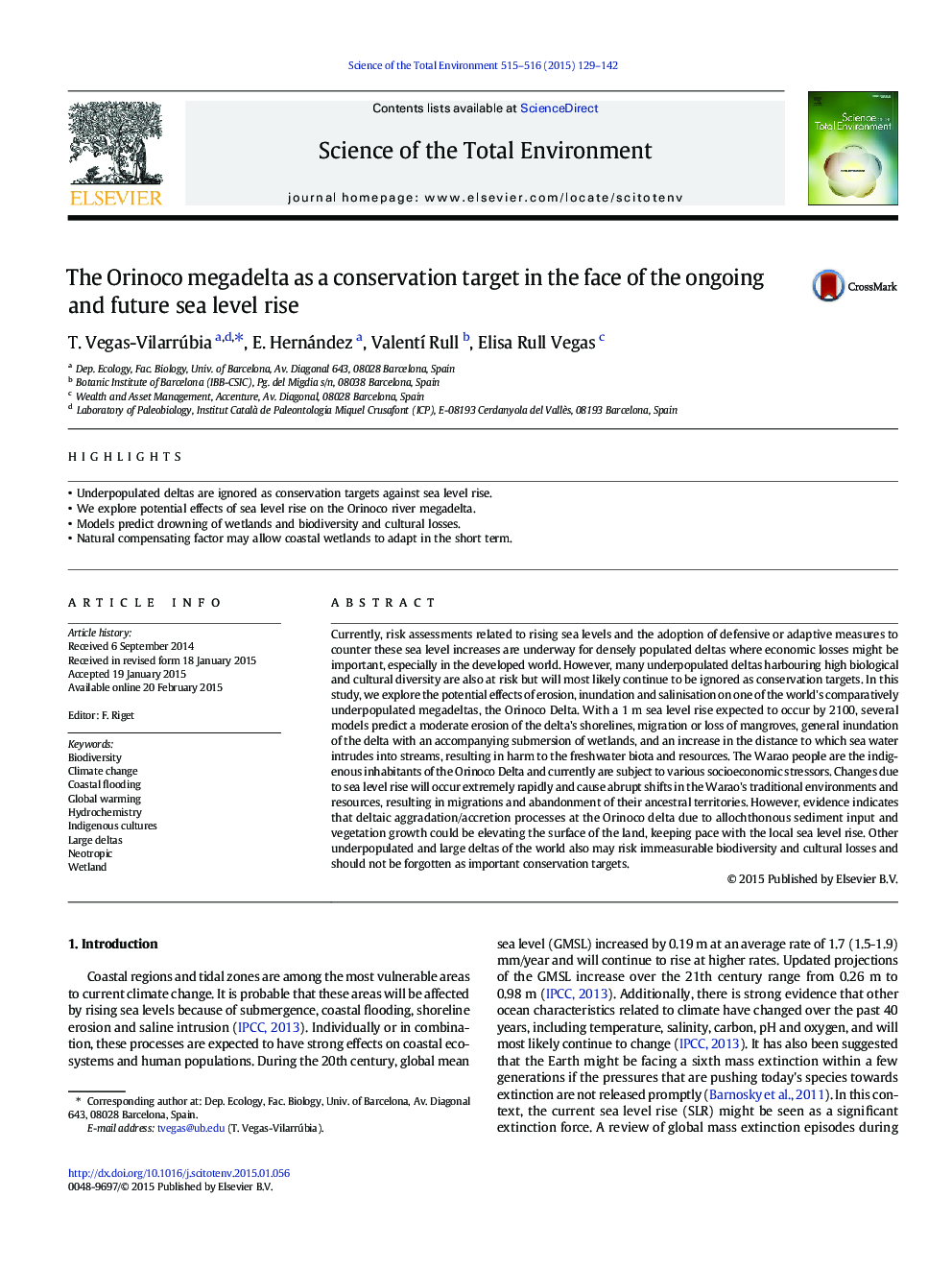 The Orinoco megadelta as a conservation target in the face of the ongoing and future sea level rise