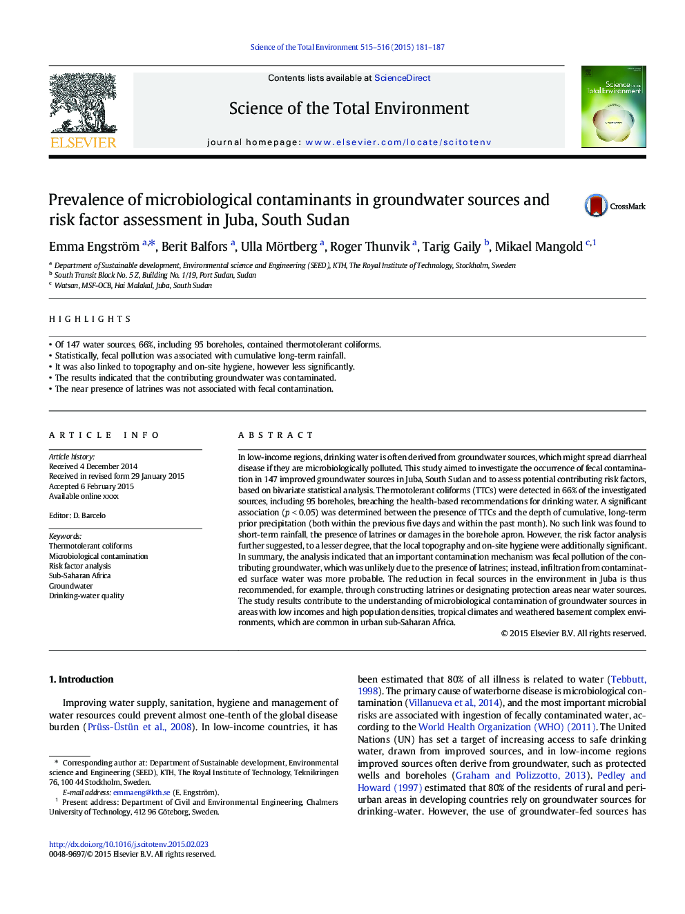 Prevalence of microbiological contaminants in groundwater sources and risk factor assessment in Juba, South Sudan