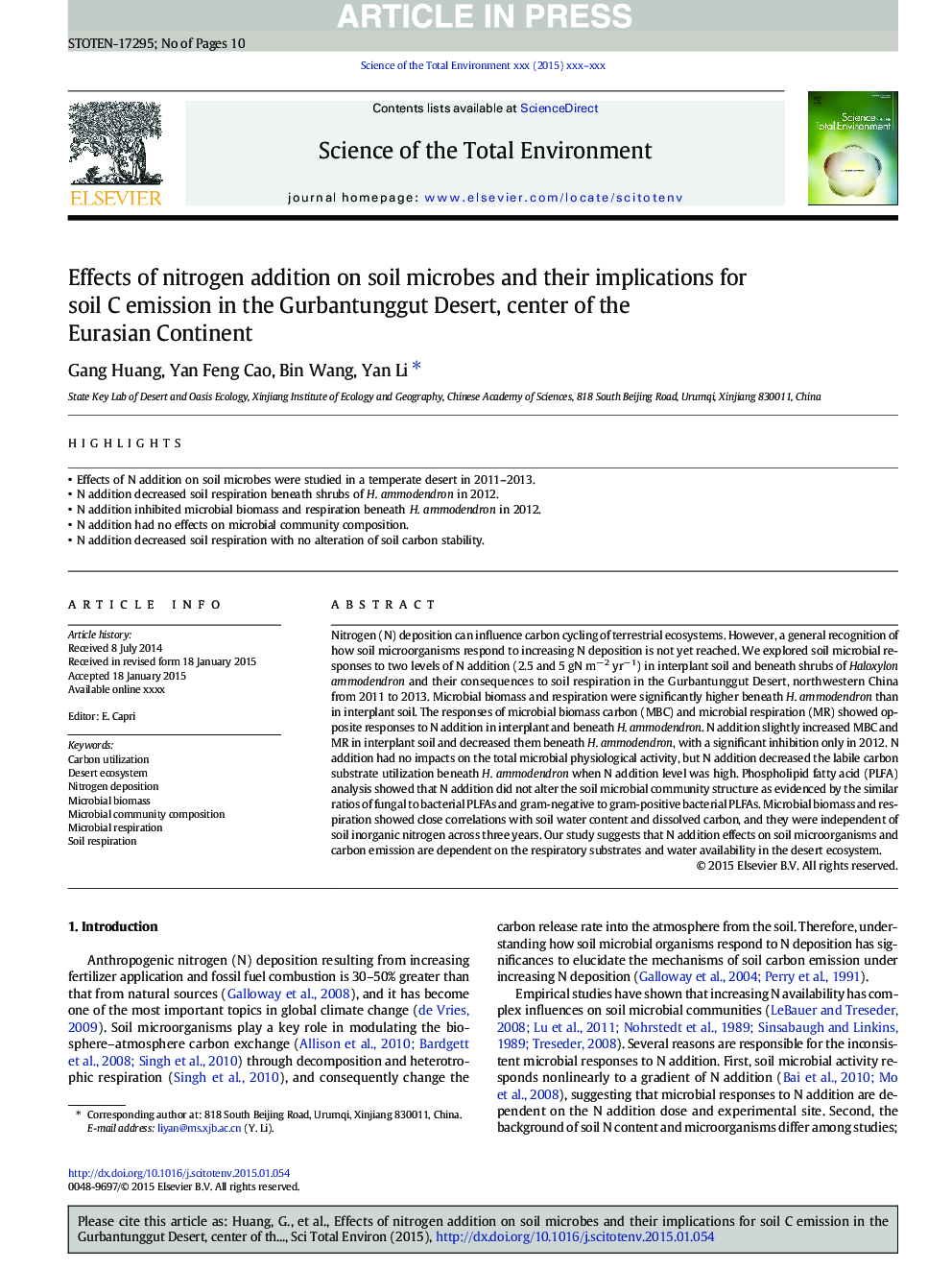 Effects of nitrogen addition on soil microbes and their implications for soil C emission in the Gurbantunggut Desert, center of the Eurasian Continent