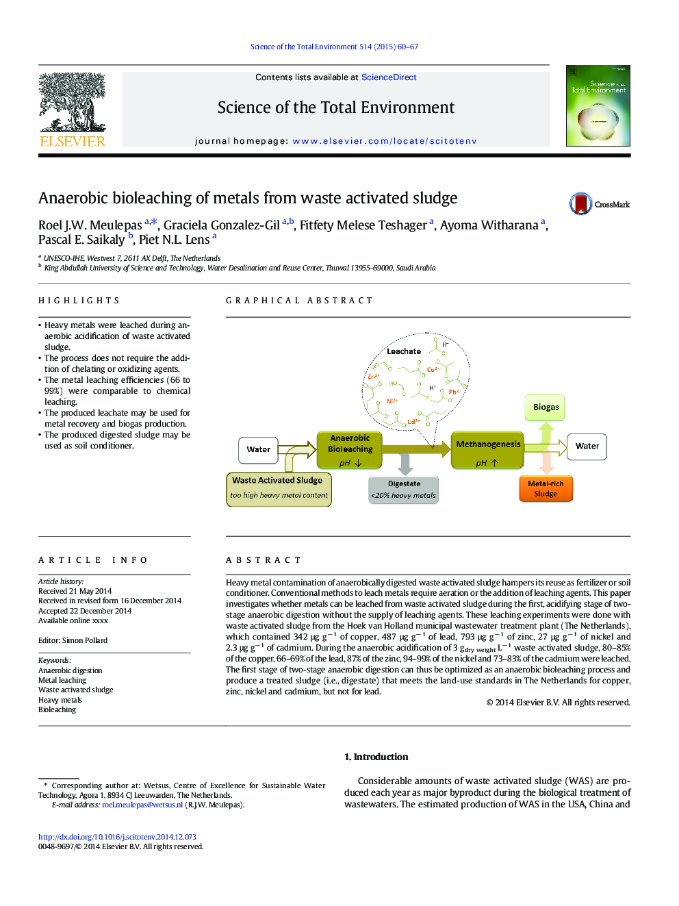 Anaerobic bioleaching of metals from waste activated sludge