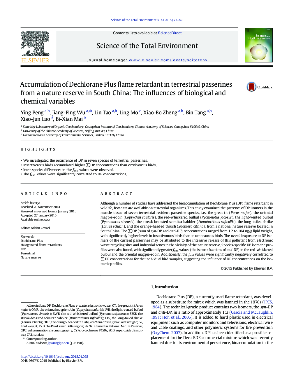 Accumulation of Dechlorane Plus flame retardant in terrestrial passerines from a nature reserve in South China: The influences of biological and chemical variables