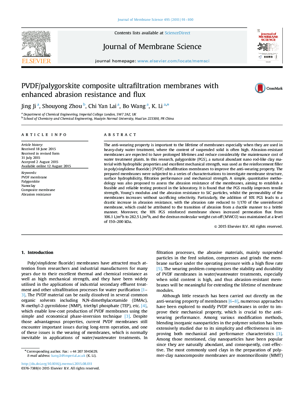 PVDF/palygorskite composite ultrafiltration membranes with enhanced abrasion resistance and flux