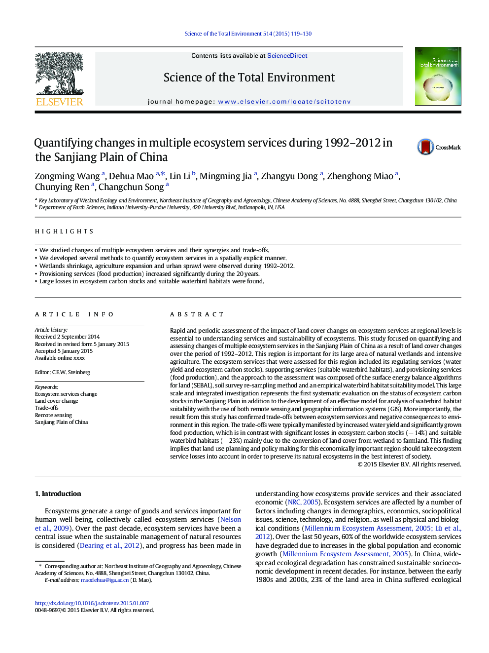 Quantifying changes in multiple ecosystem services during 1992-2012 in the Sanjiang Plain of China