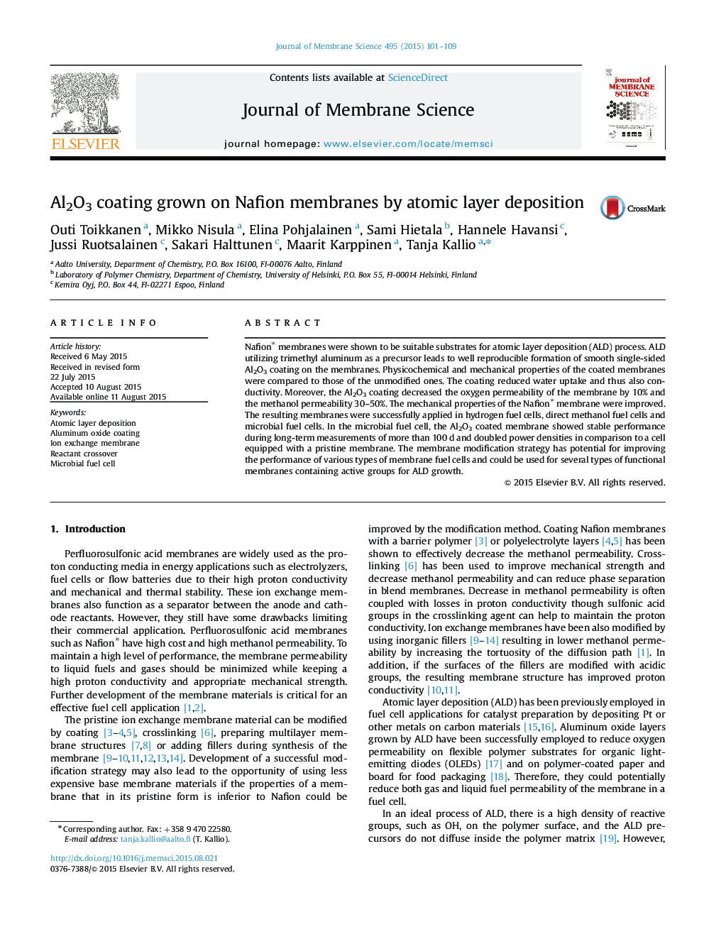 Al2O3 coating grown on Nafion membranes by atomic layer deposition