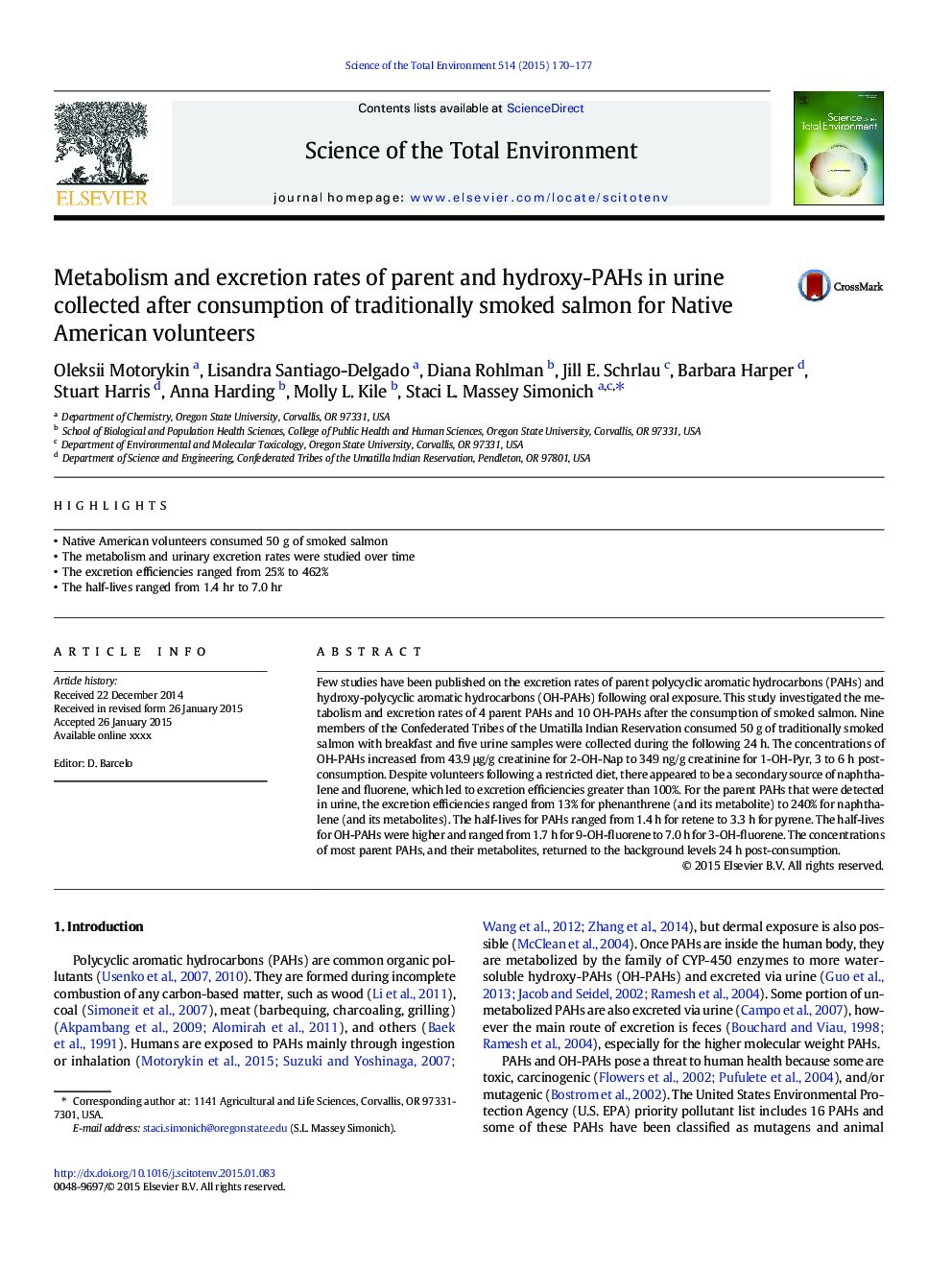 Metabolism and excretion rates of parent and hydroxy-PAHs in urine collected after consumption of traditionally smoked salmon for Native American volunteers