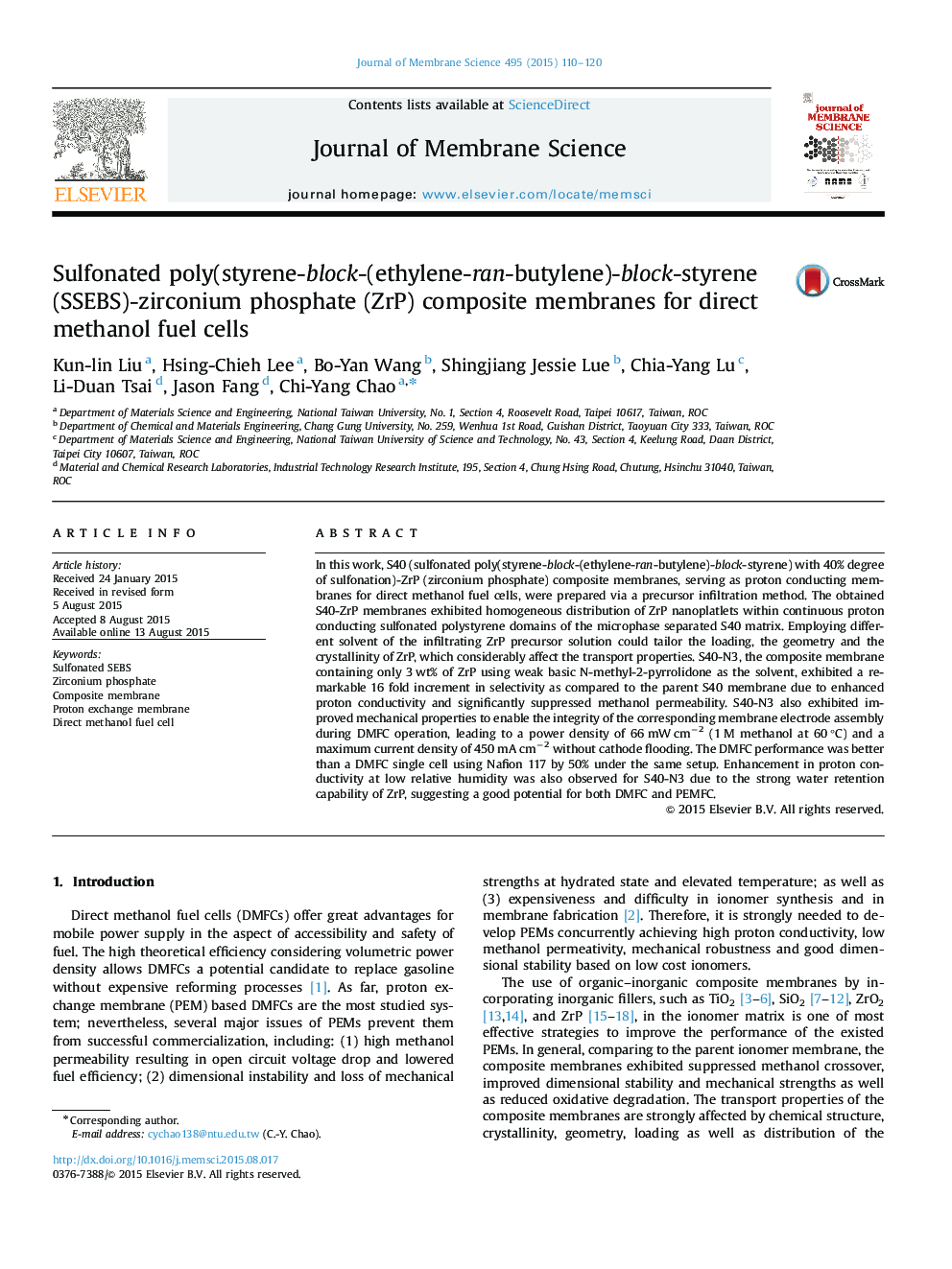 Sulfonated poly(styrene-block-(ethylene-ran-butylene)-block-styrene (SSEBS)-zirconium phosphate (ZrP) composite membranes for direct methanol fuel cells