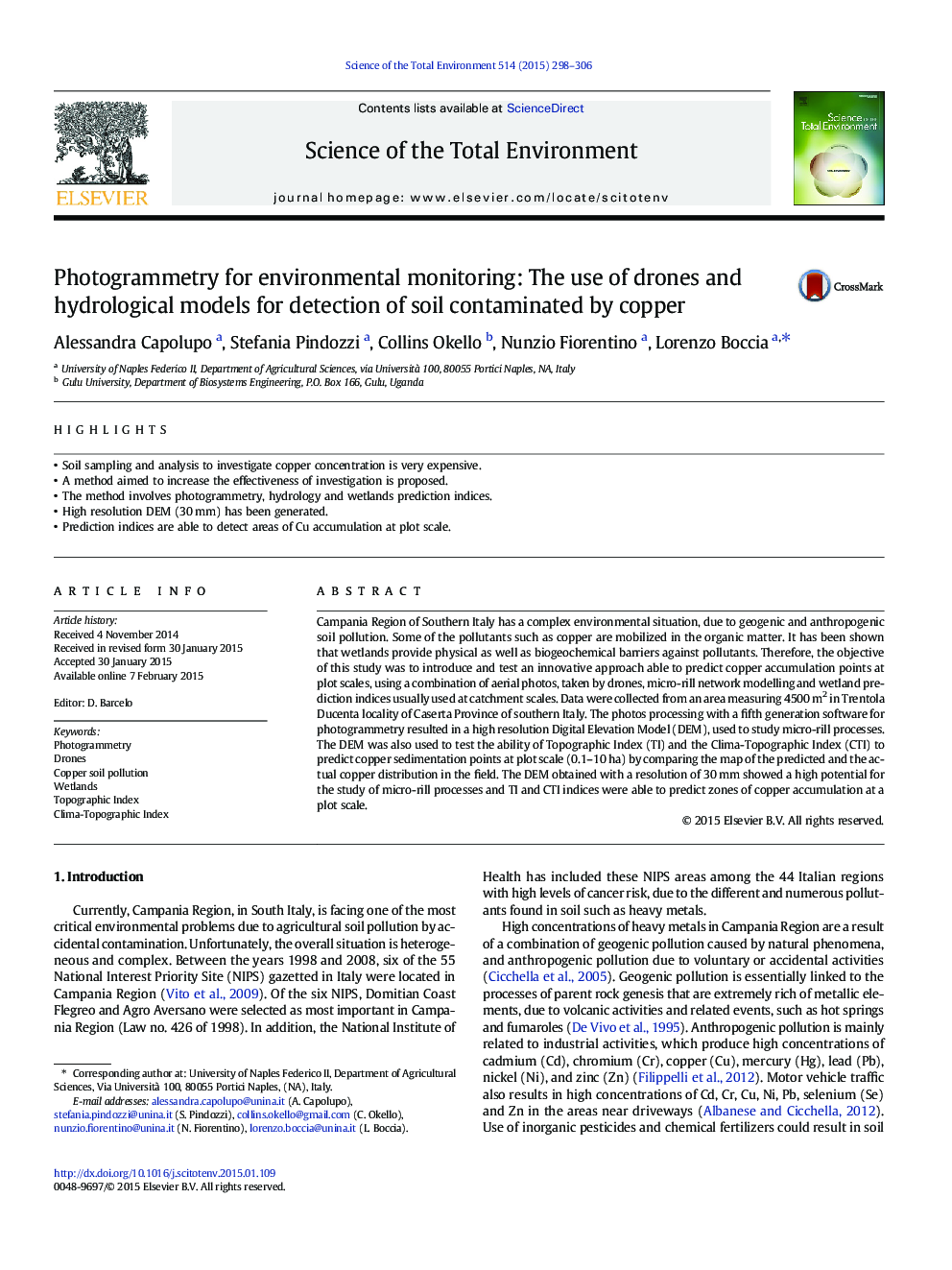 عکس صفحه اول مقاله: Photogrammetry for environmental monitoring: The use of drones and hydrological models for detection of soil contaminated by copper Photogrammetry for environmental monitoring: The use of drones and hydrological models for detection of soil contaminated by copper