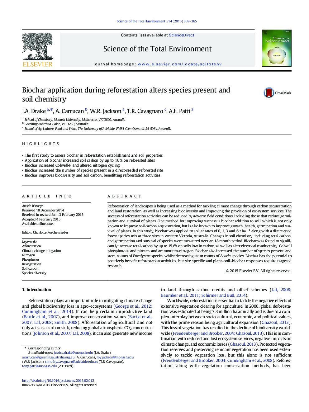 Biochar application during reforestation alters species present and soil chemistry