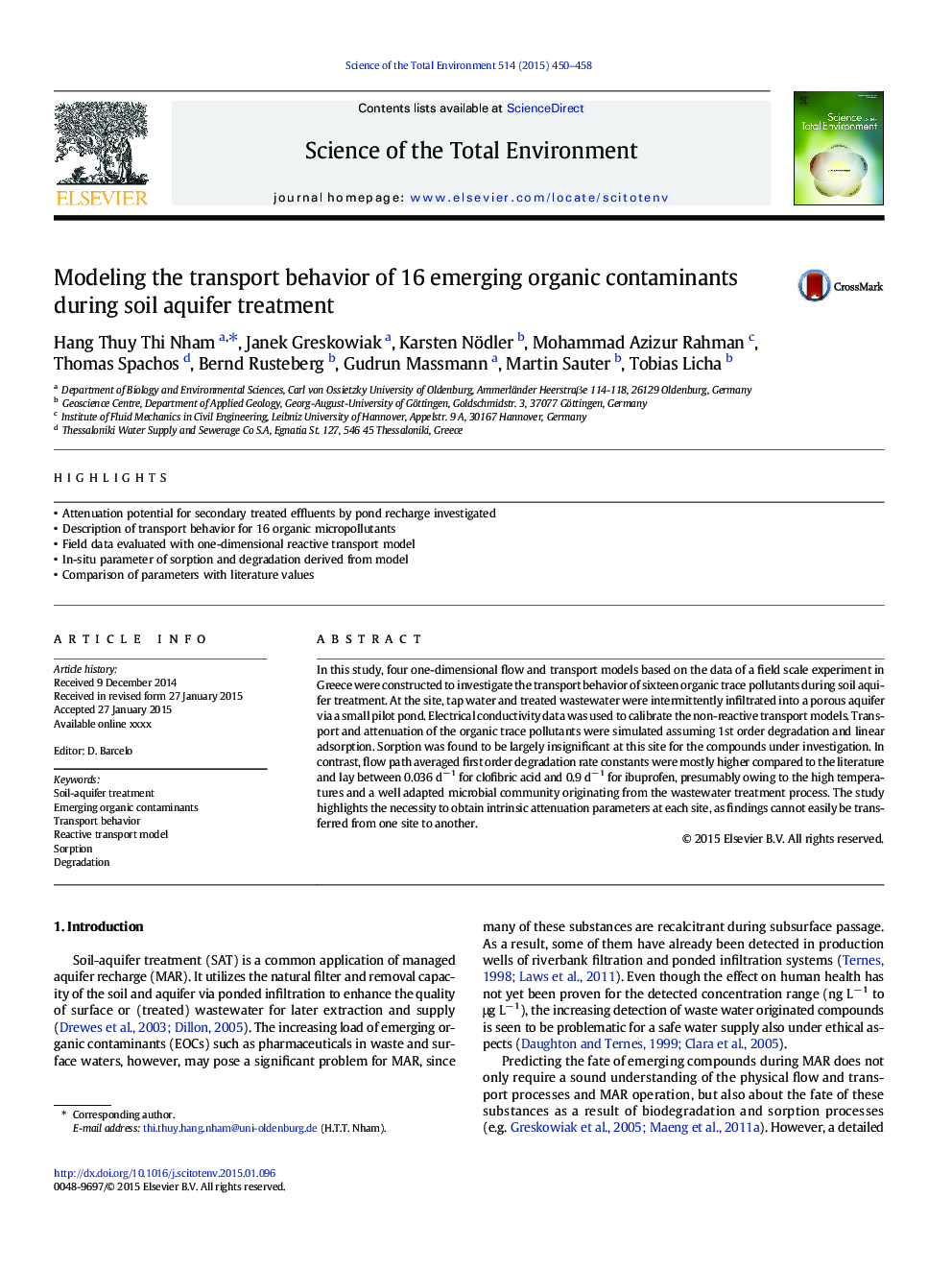 Modeling the transport behavior of 16 emerging organic contaminants during soil aquifer treatment