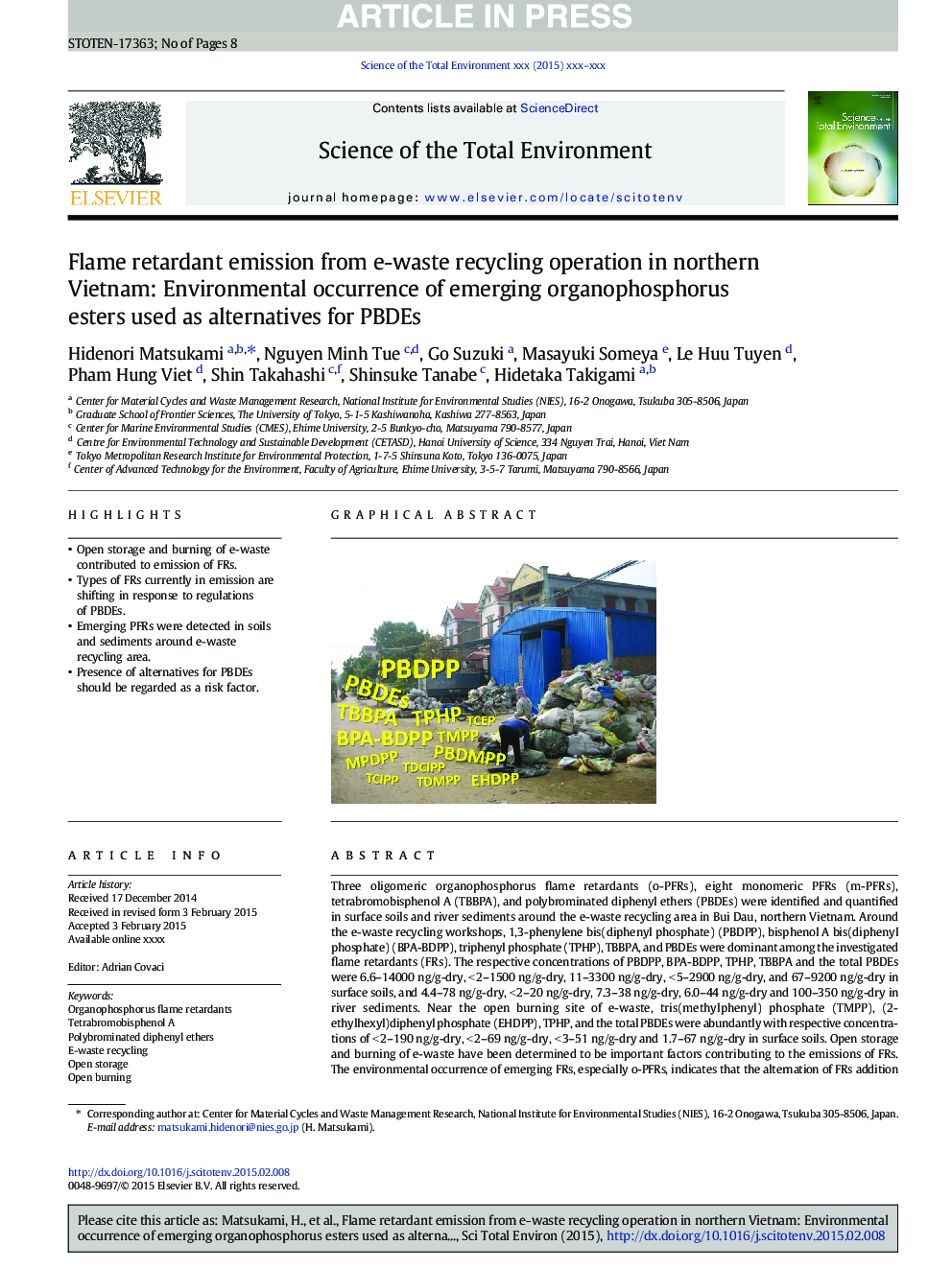Flame retardant emission from e-waste recycling operation in northern Vietnam: Environmental occurrence of emerging organophosphorus esters used as alternatives for PBDEs