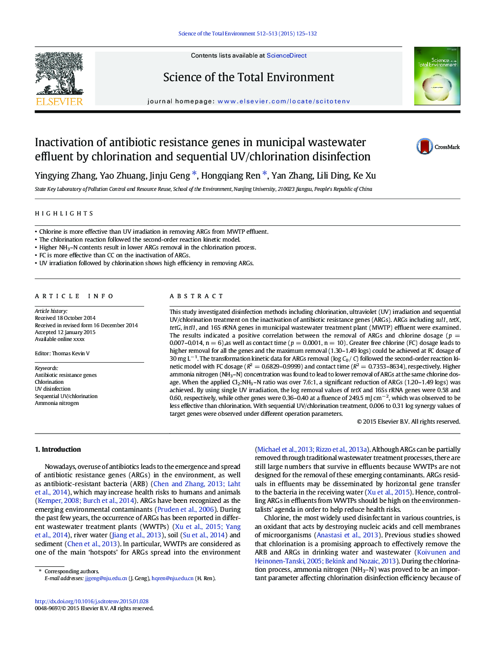 Inactivation of antibiotic resistance genes in municipal wastewater effluent by chlorination and sequential UV/chlorination disinfection