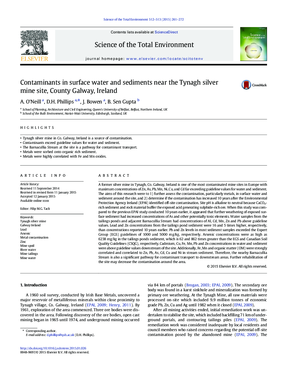 Contaminants in surface water and sediments near the Tynagh silver mine site, County Galway, Ireland