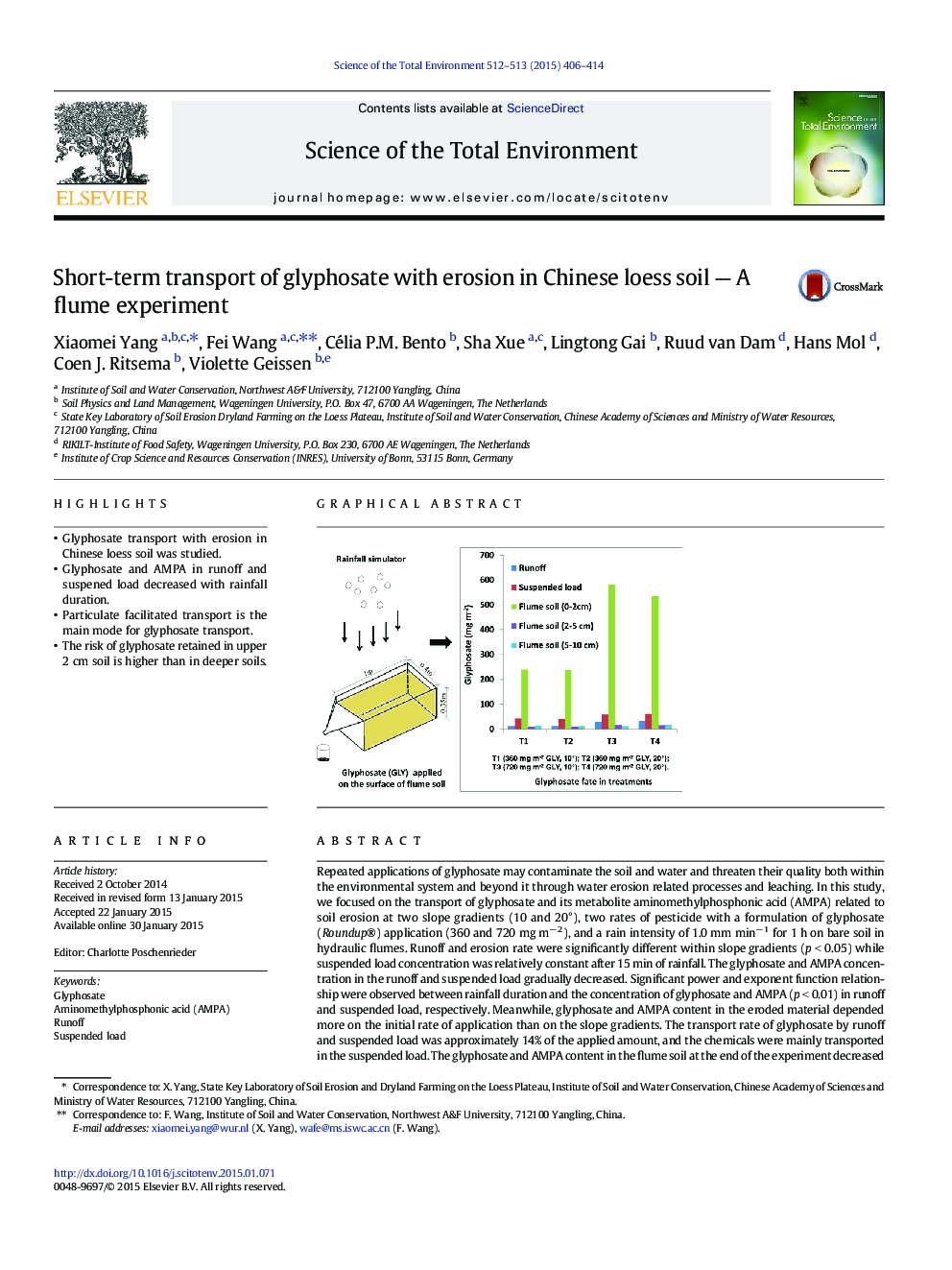 Short-term transport of glyphosate with erosion in Chinese loess soil - A flume experiment