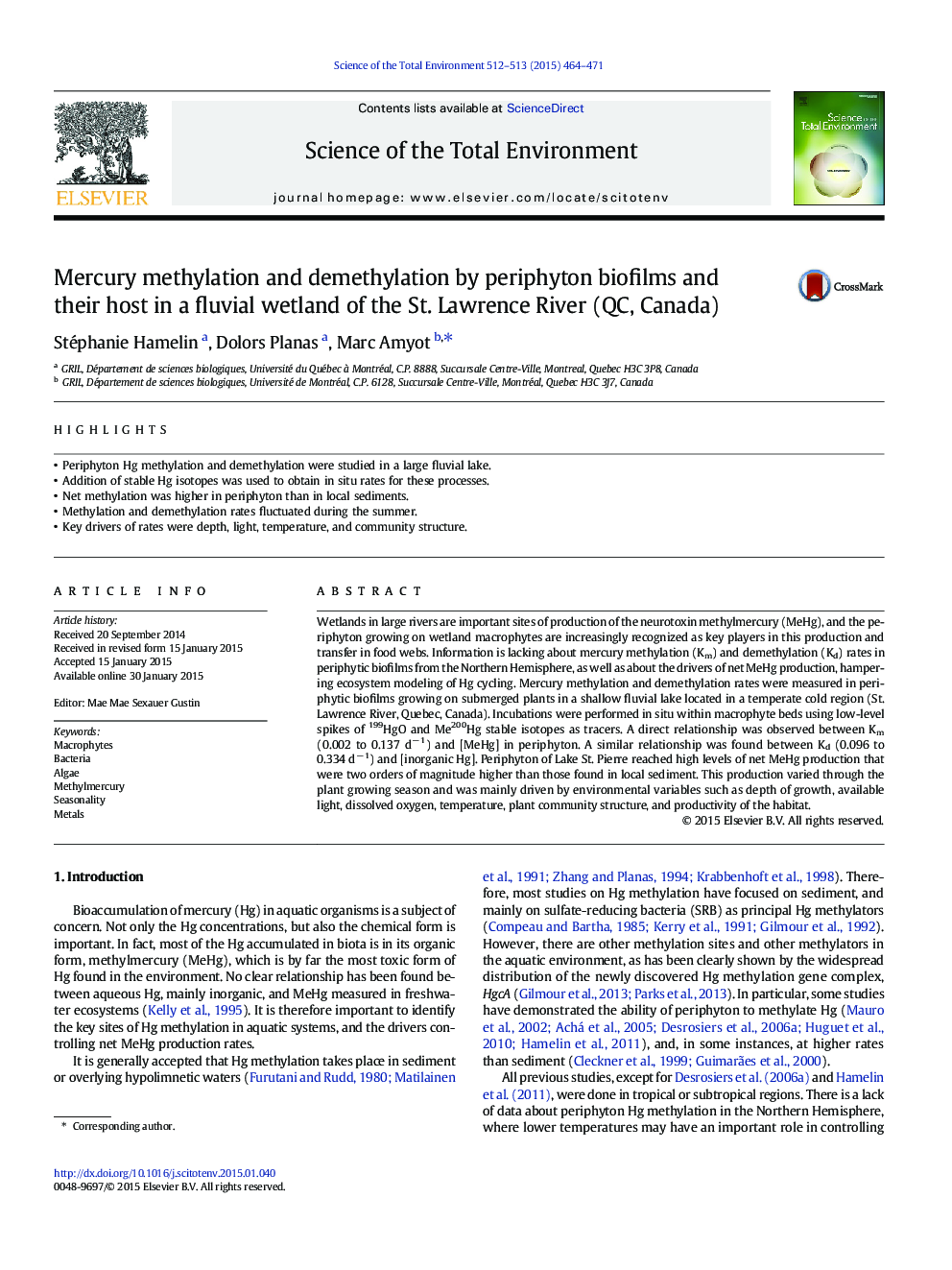 Mercury methylation and demethylation by periphyton biofilms and their host in a fluvial wetland of the St. Lawrence River (QC, Canada)