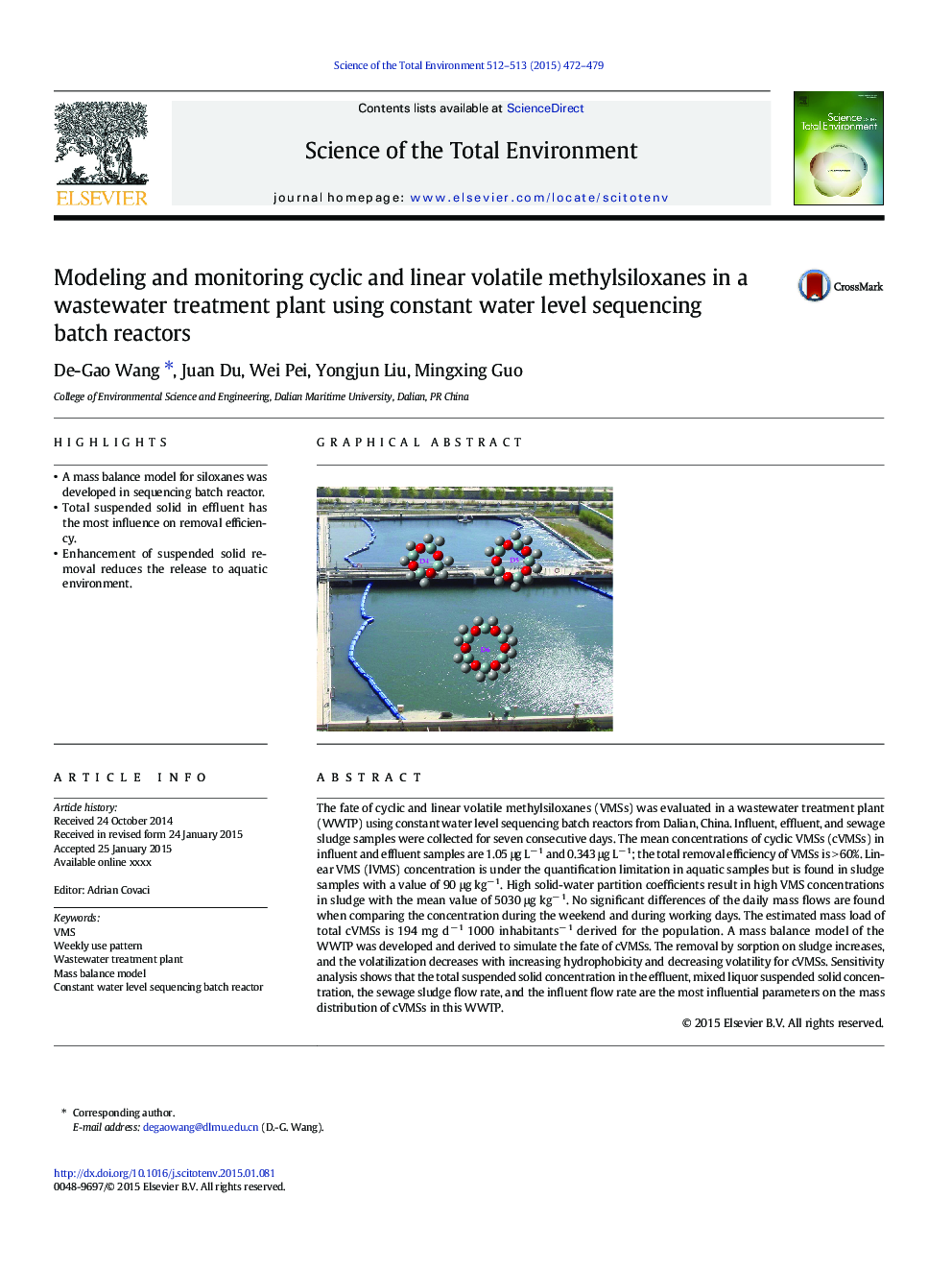 Modeling and monitoring cyclic and linear volatile methylsiloxanes in a wastewater treatment plant using constant water level sequencing batch reactors