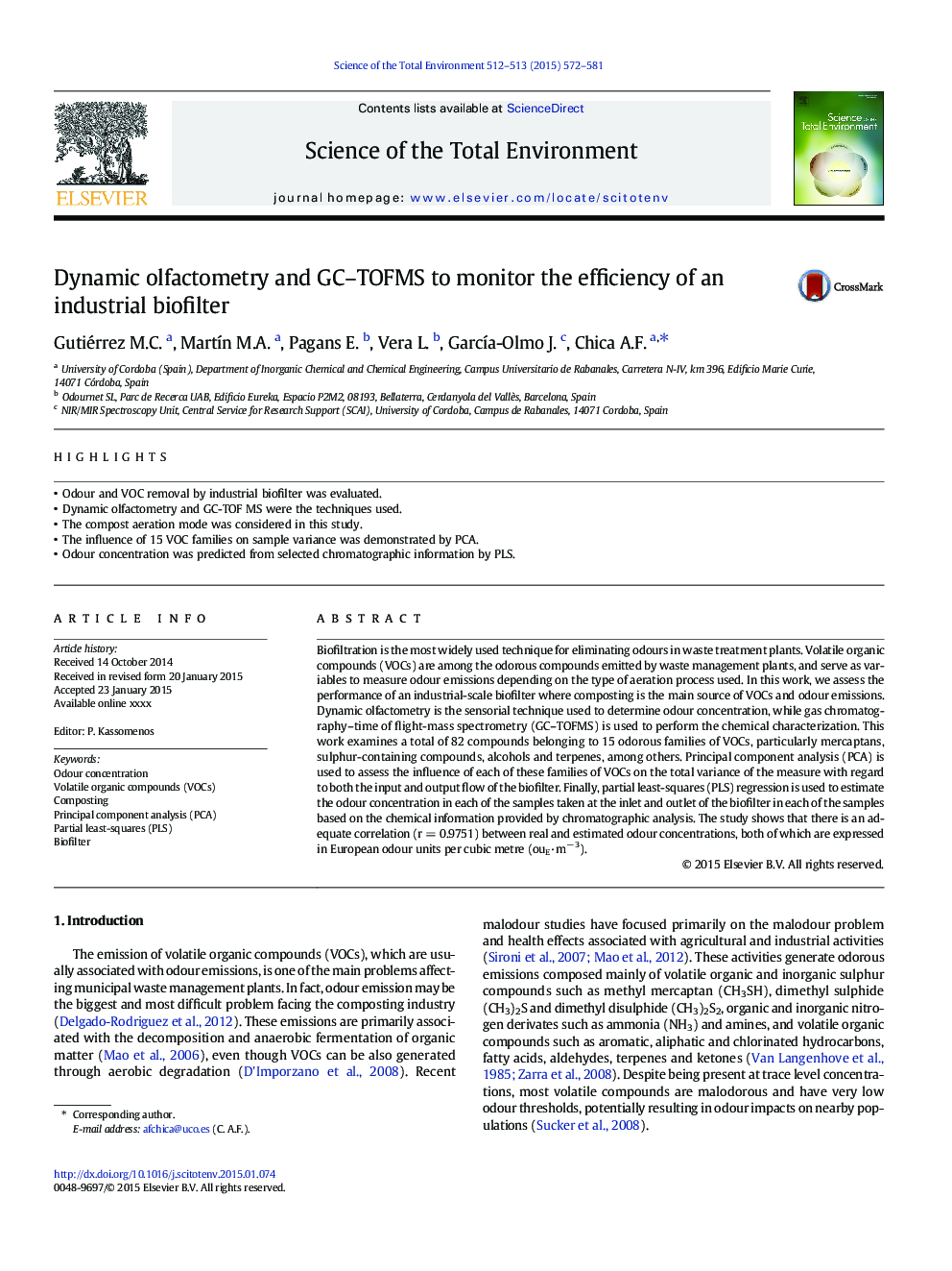 Dynamic olfactometry and GC-TOFMS to monitor the efficiency of an industrial biofilter