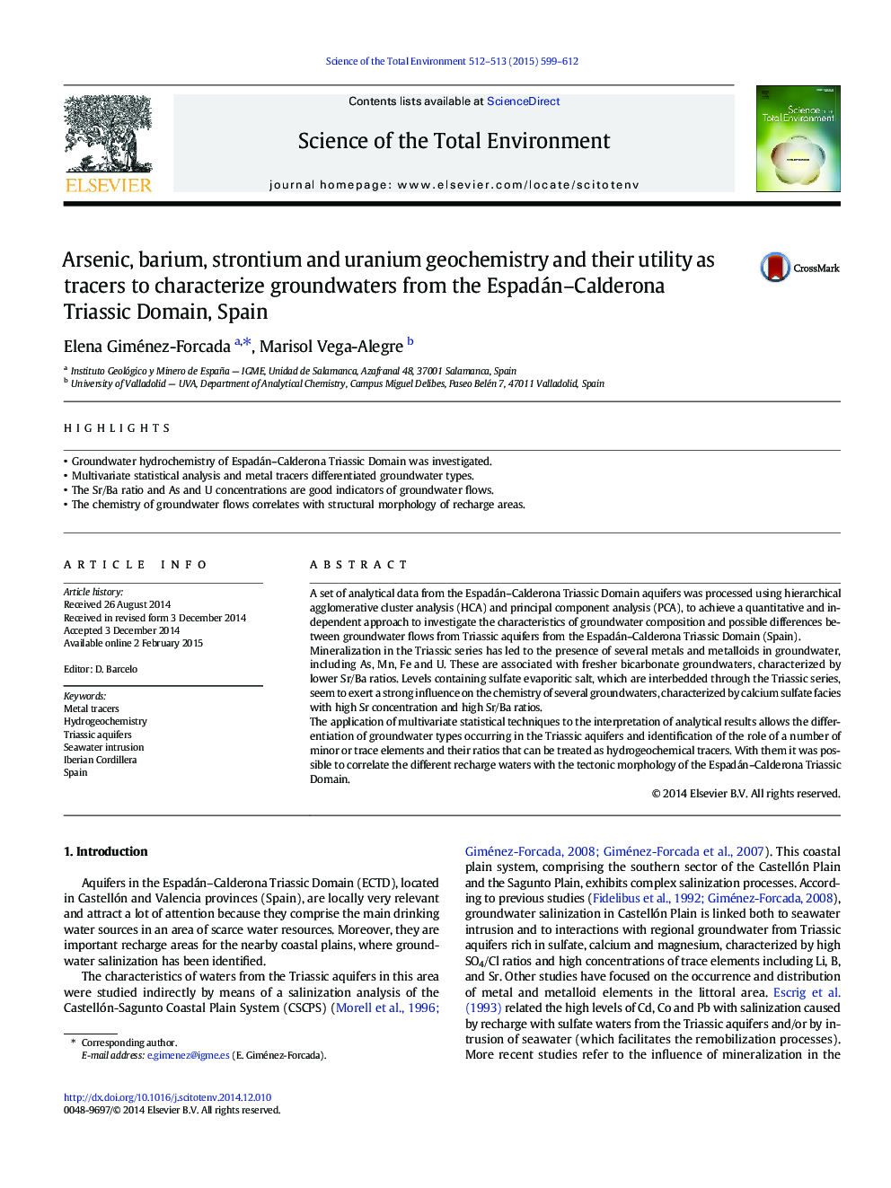 Arsenic, barium, strontium and uranium geochemistry and their utility as tracers to characterize groundwaters from the Espadán-Calderona Triassic Domain, Spain