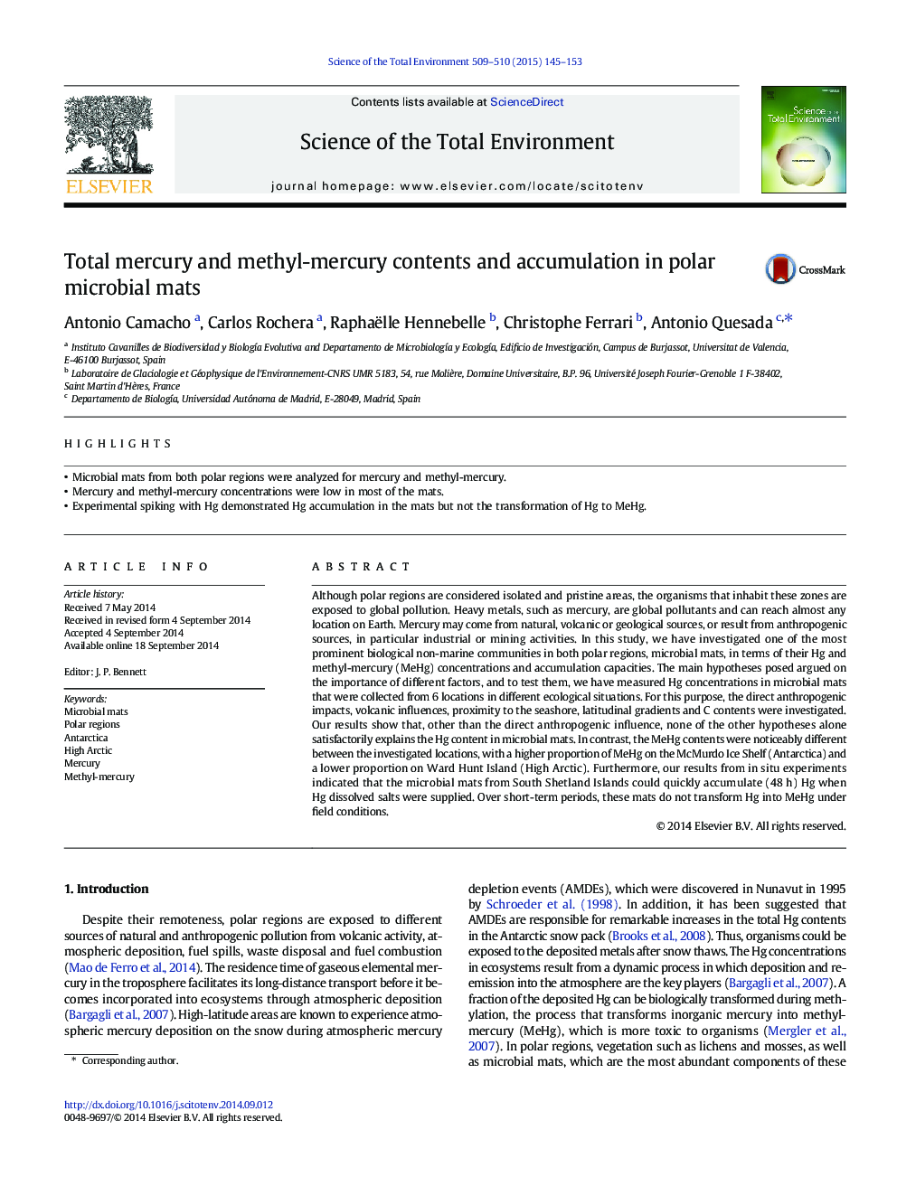 Total mercury and methyl-mercury contents and accumulation in polar microbial mats