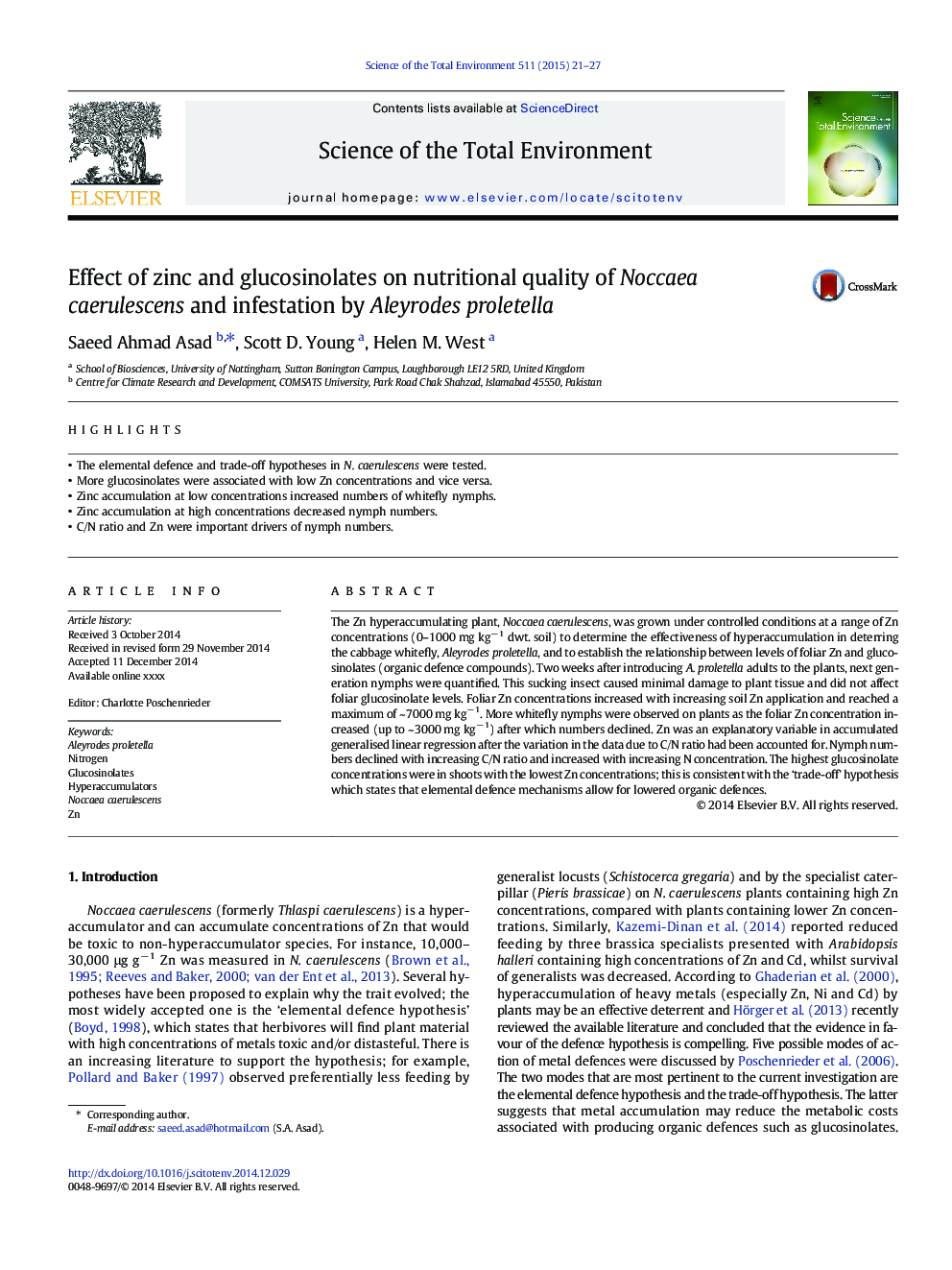 Effect of zinc and glucosinolates on nutritional quality of Noccaea caerulescens and infestation by Aleyrodes proletella