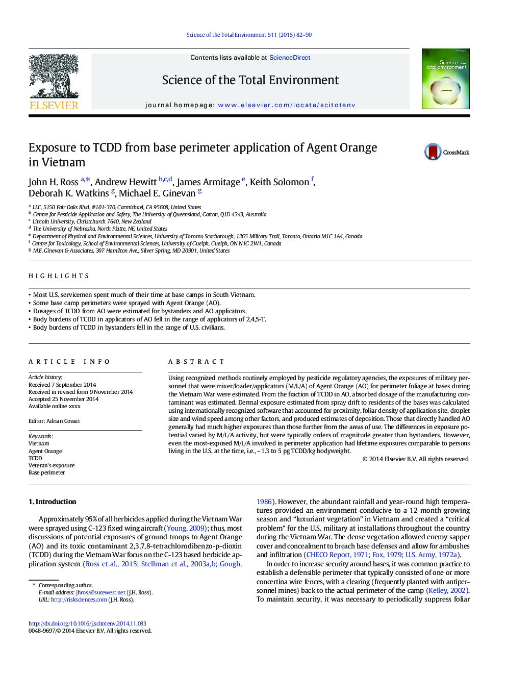 Exposure to TCDD from base perimeter application of Agent Orange in Vietnam