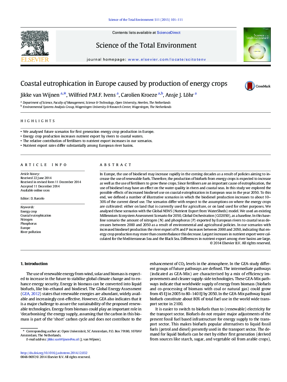 Coastal eutrophication in Europe caused by production of energy crops