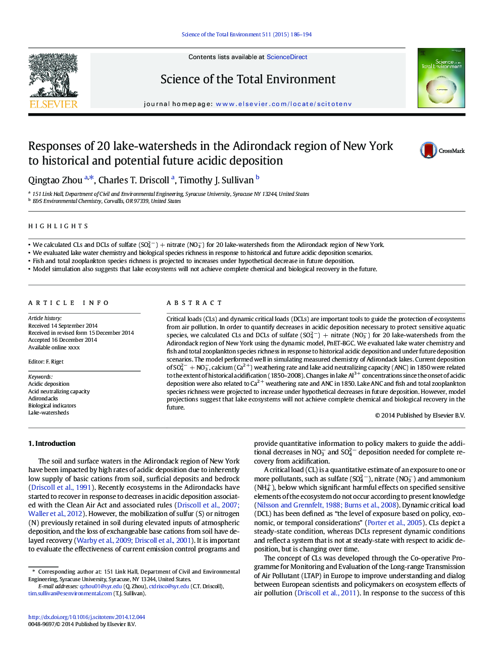 Responses of 20 lake-watersheds in the Adirondack region of New York to historical and potential future acidic deposition