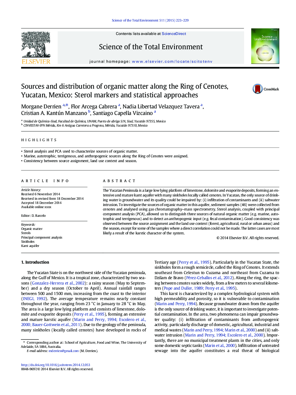Sources and distribution of organic matter along the Ring of Cenotes, Yucatan, Mexico: Sterol markers and statistical approaches