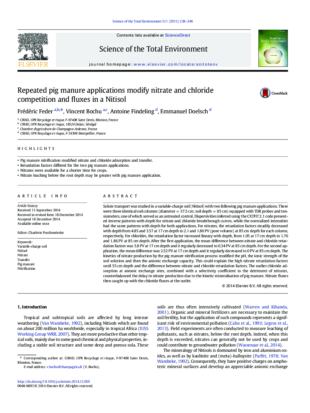 Repeated pig manure applications modify nitrate and chloride competition and fluxes in a Nitisol