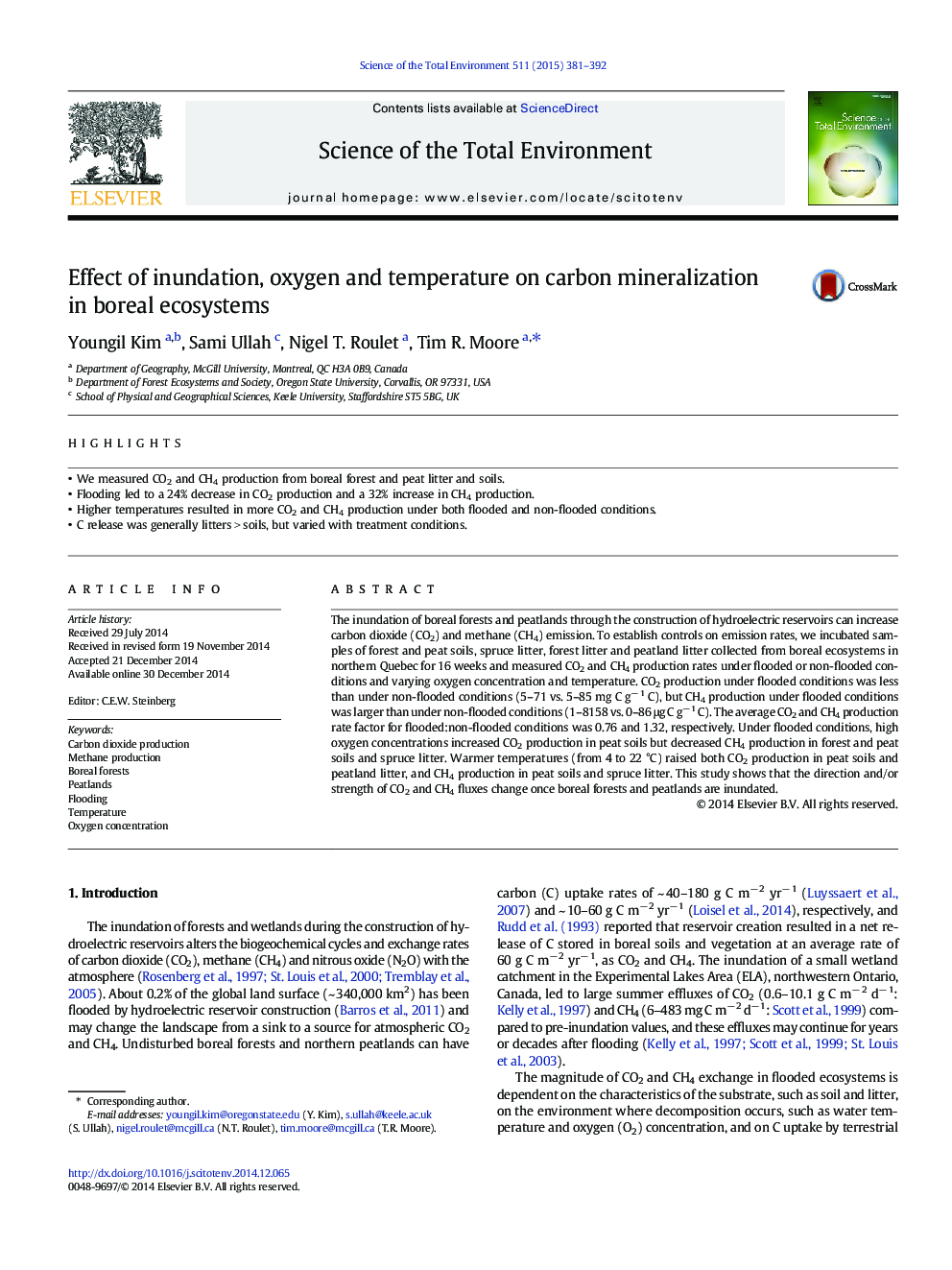 Effect of inundation, oxygen and temperature on carbon mineralization in boreal ecosystems