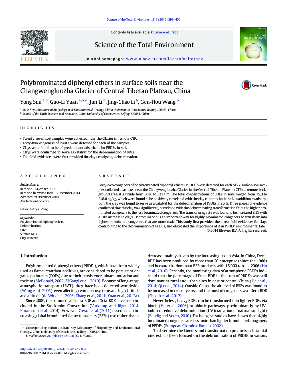 Polybrominated diphenyl ethers in surface soils near the Changwengluozha Glacier of Central Tibetan Plateau, China