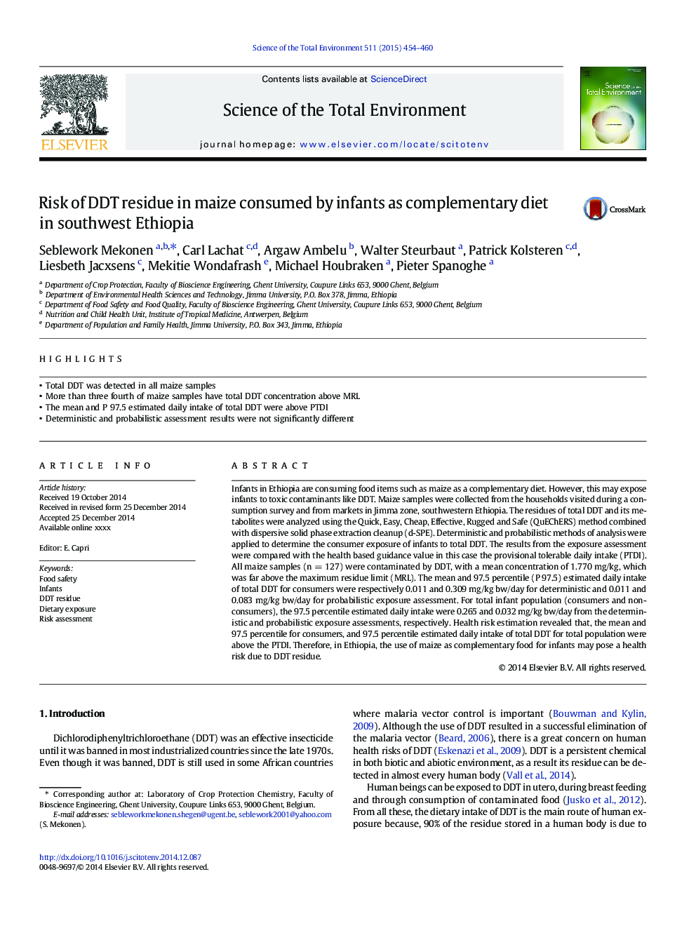 Risk of DDT residue in maize consumed by infants as complementary diet in southwest Ethiopia