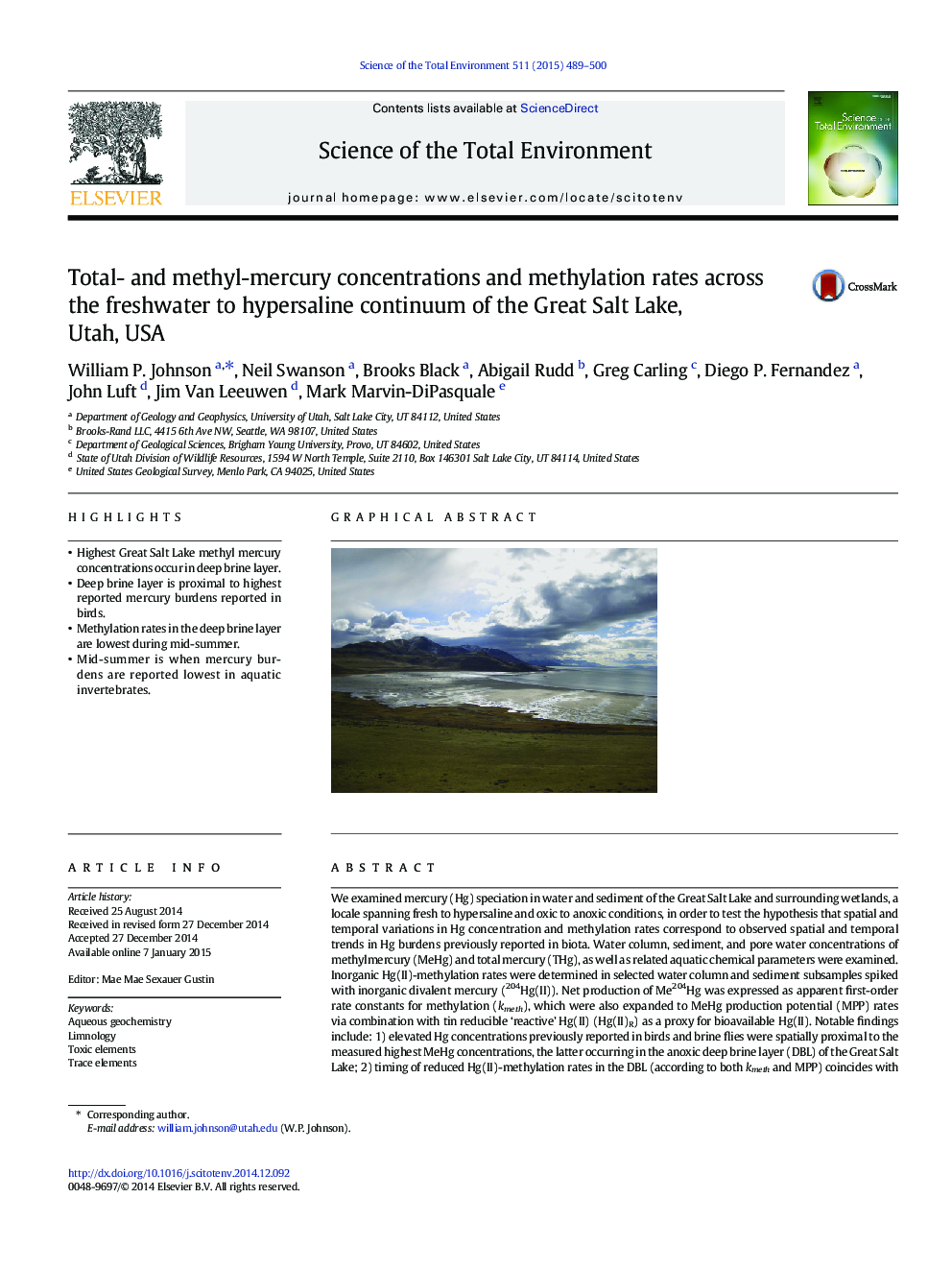 Total- and methyl-mercury concentrations and methylation rates across the freshwater to hypersaline continuum of the Great Salt Lake, Utah, USA