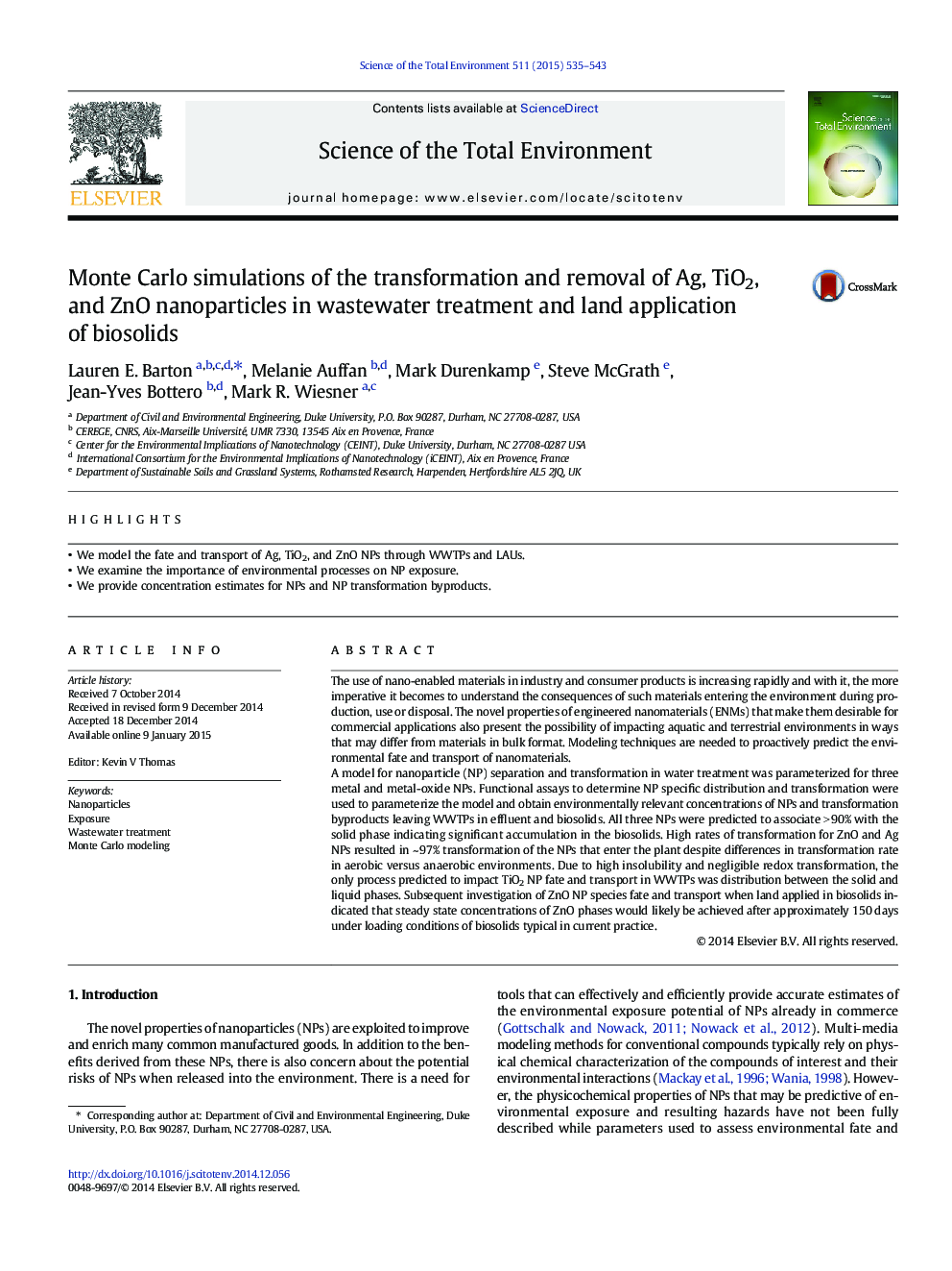 Monte Carlo simulations of the transformation and removal of Ag, TiO2, and ZnO nanoparticles in wastewater treatment and land application of biosolids