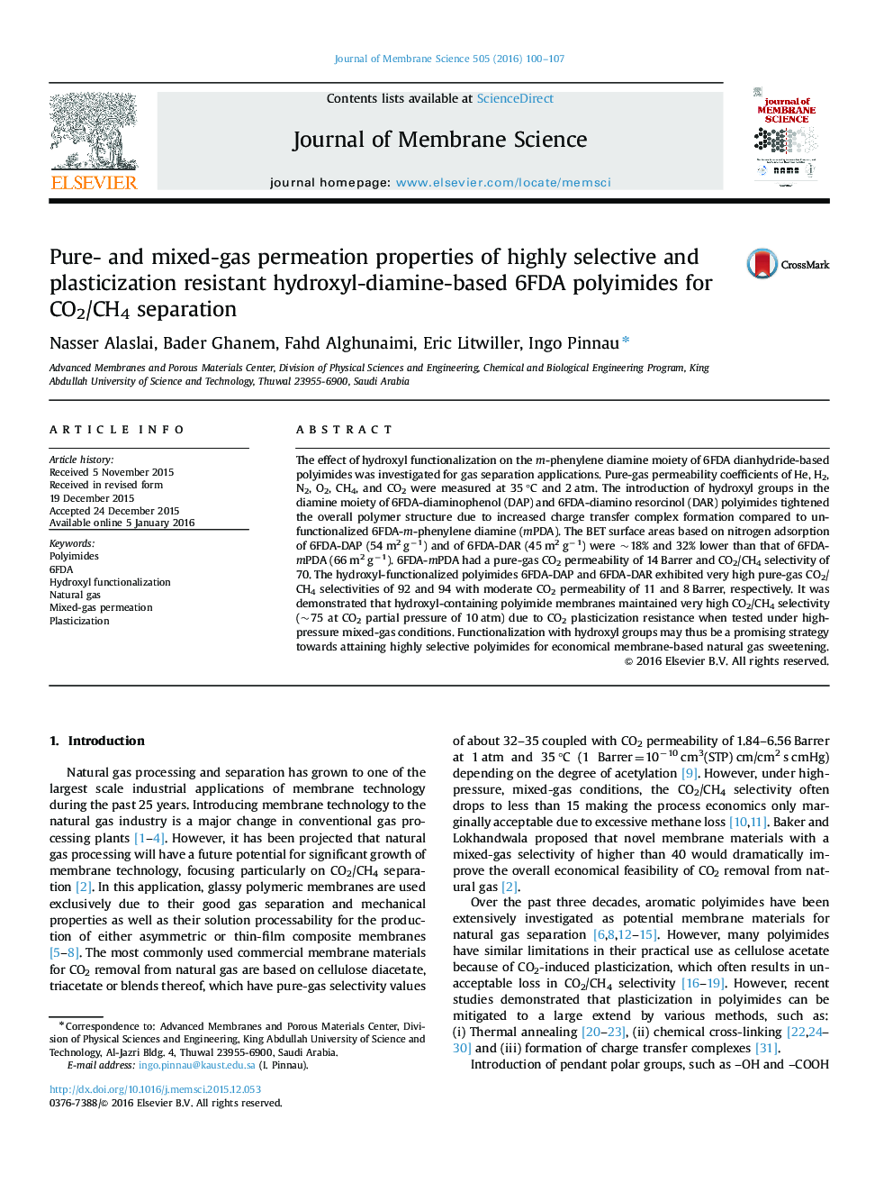 Pure- and mixed-gas permeation properties of highly selective and plasticization resistant hydroxyl-diamine-based 6FDA polyimides for CO2/CH4 separation