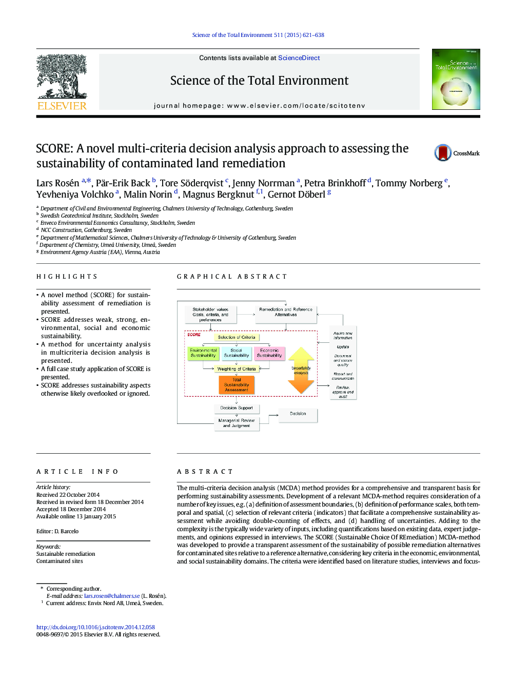 SCORE: A novel multi-criteria decision analysis approach to assessing the sustainability of contaminated land remediation