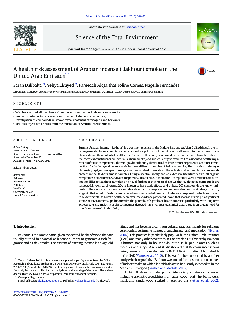 A health risk assessment of Arabian incense (Bakhour) smoke in the United Arab Emirates