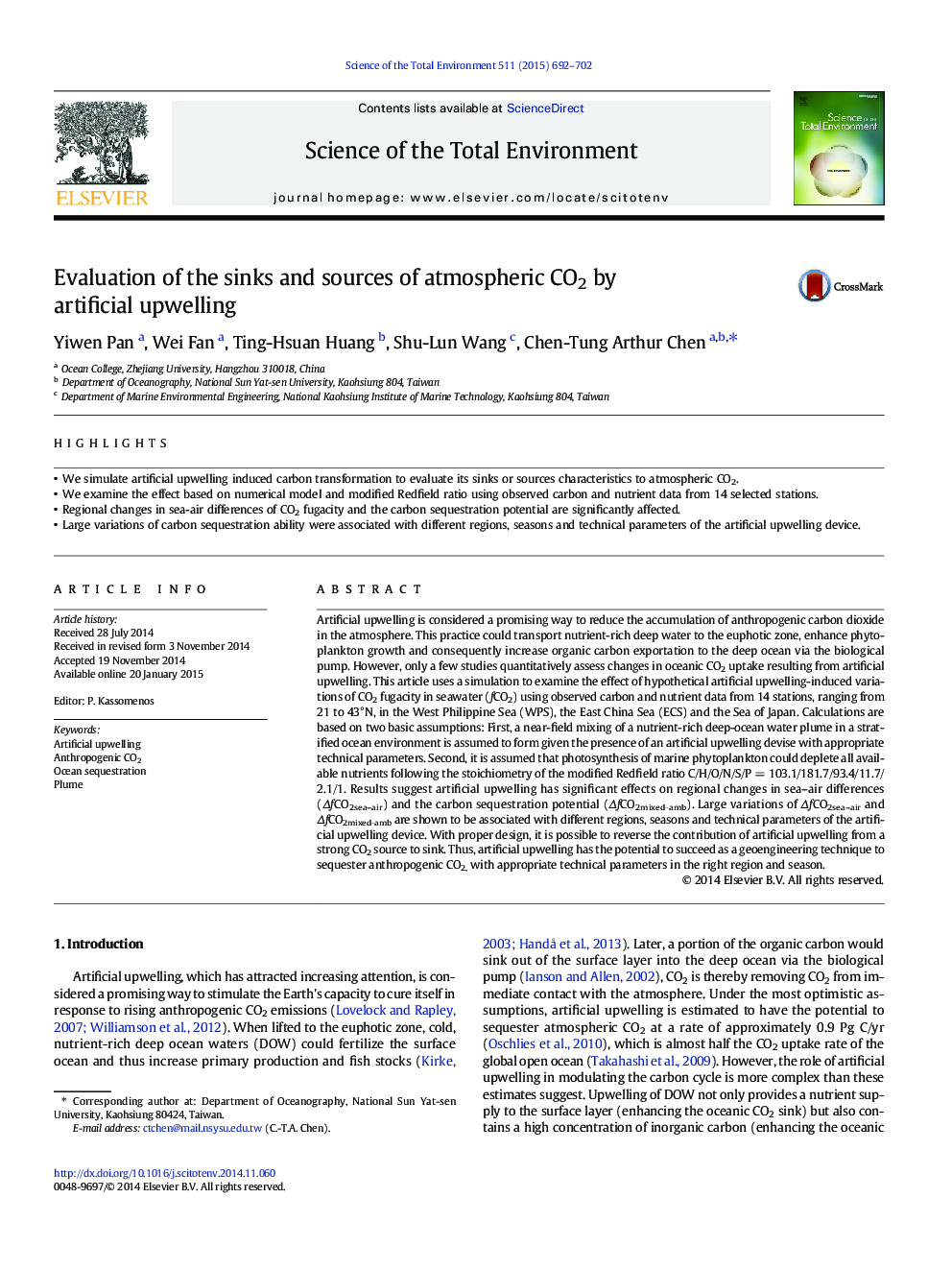 Evaluation of the sinks and sources of atmospheric CO2 by artificial upwelling