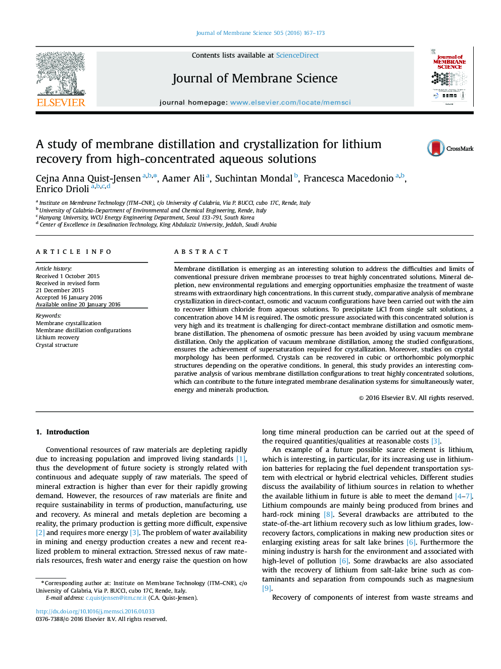 A study of membrane distillation and crystallization for lithium recovery from high-concentrated aqueous solutions