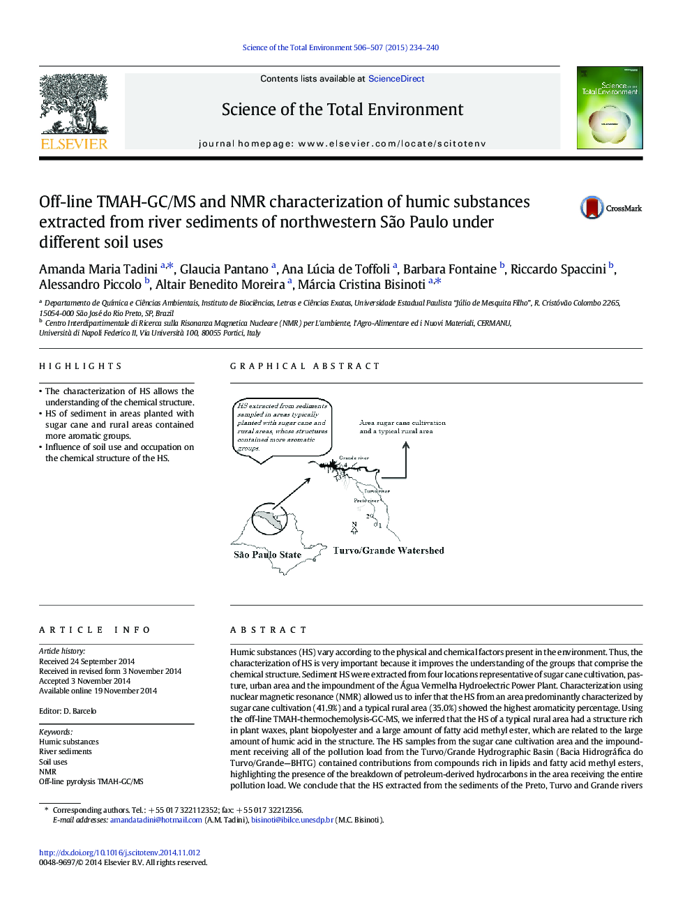 Off-line TMAH-GC/MS and NMR characterization of humic substances extracted from river sediments of northwestern SÃ£o Paulo under different soil uses