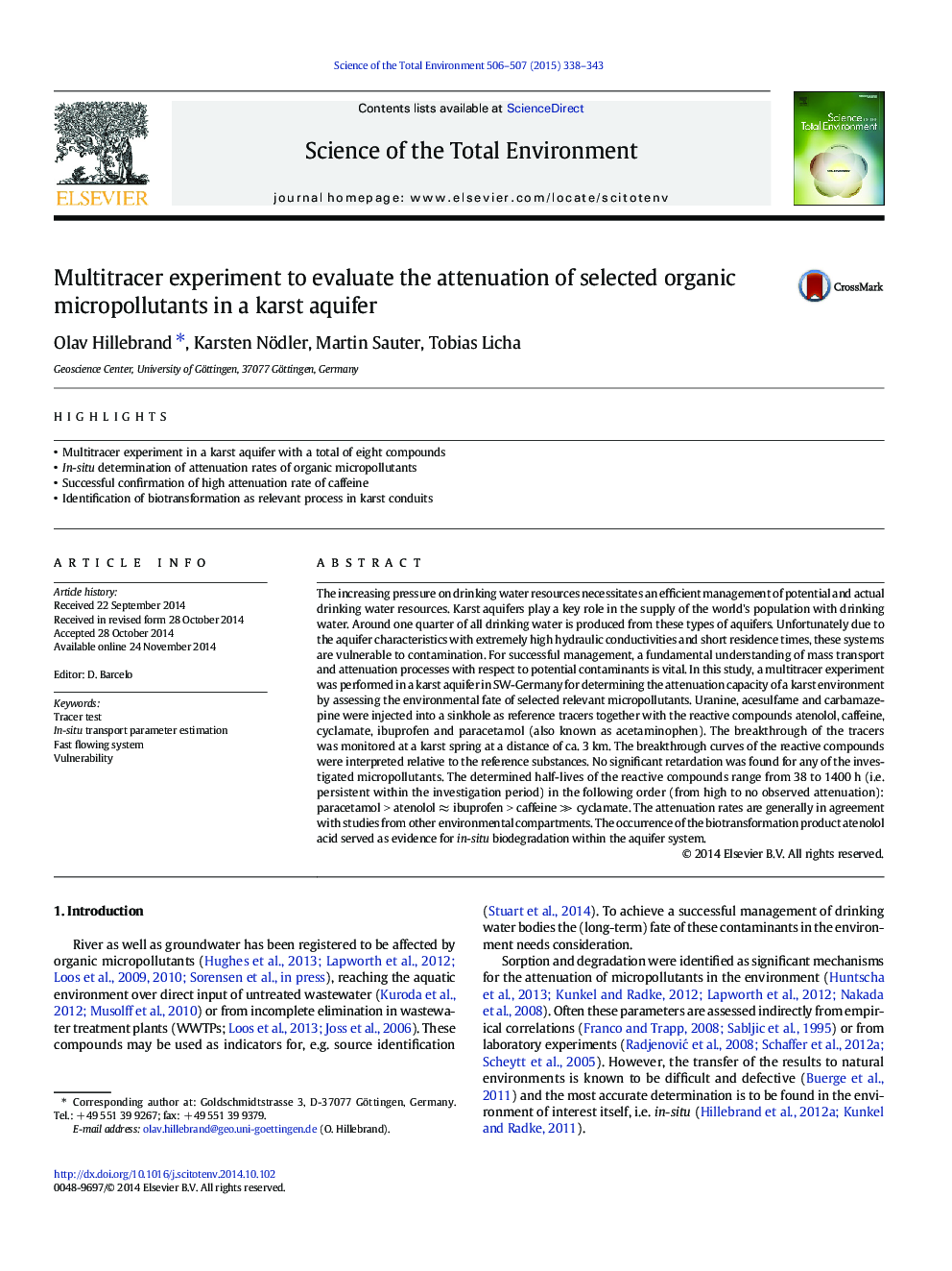 Multitracer experiment to evaluate the attenuation of selected organic micropollutants in a karst aquifer