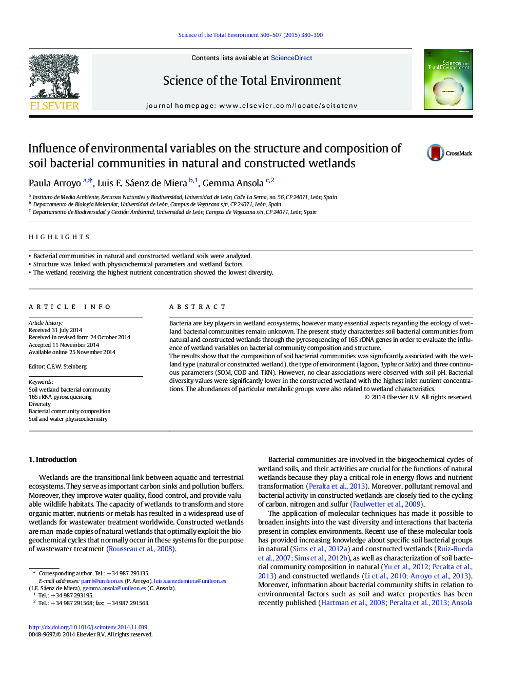 Influence of environmental variables on the structure and composition of soil bacterial communities in natural and constructed wetlands