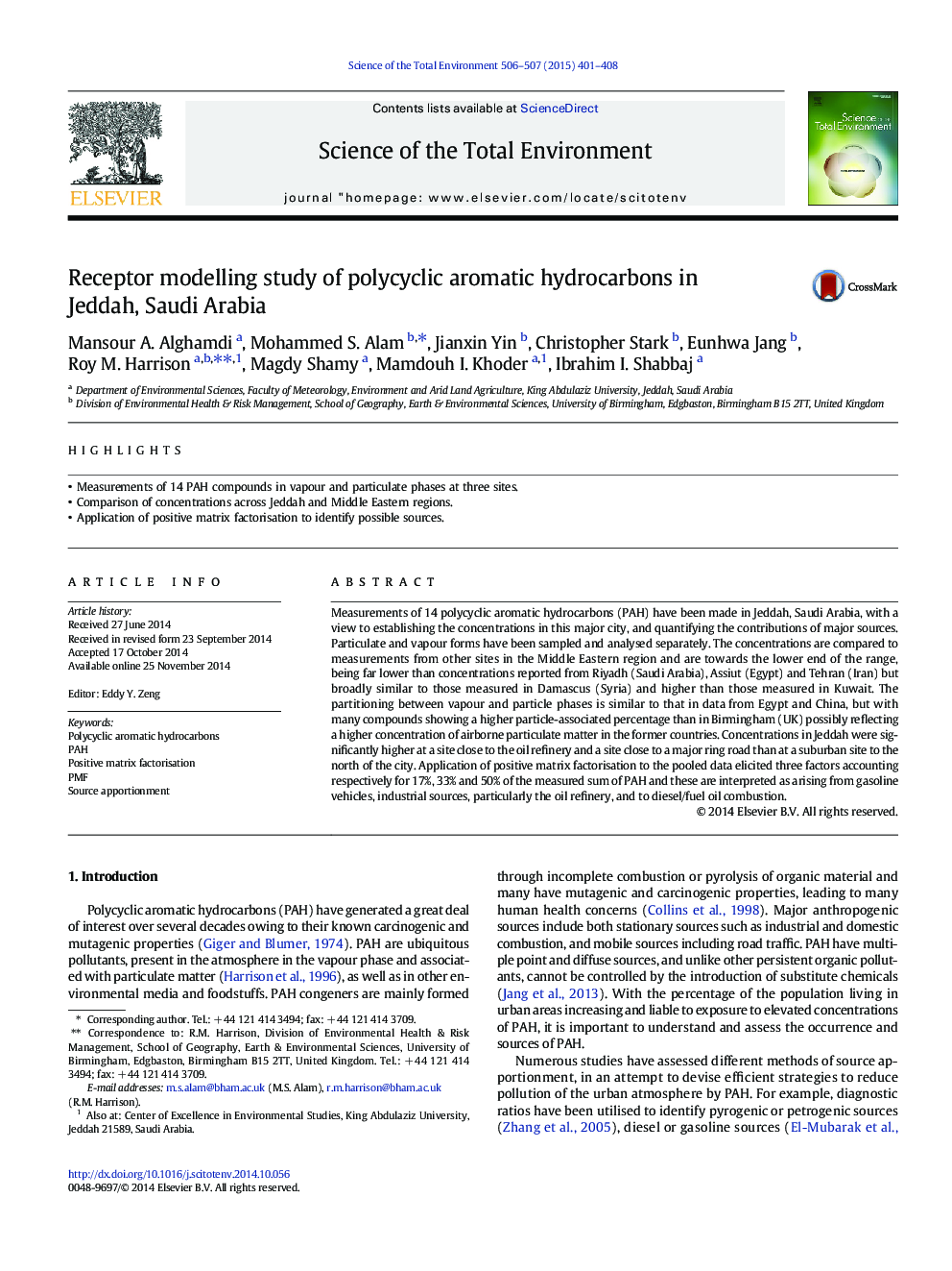 Receptor modelling study of polycyclic aromatic hydrocarbons in Jeddah, Saudi Arabia