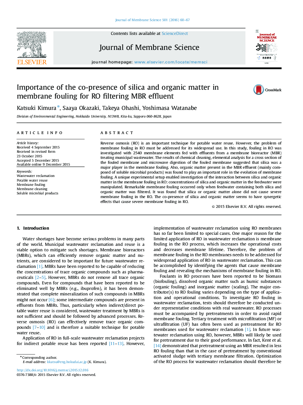 Importance of the co-presence of silica and organic matter in membrane fouling for RO filtering MBR effluent