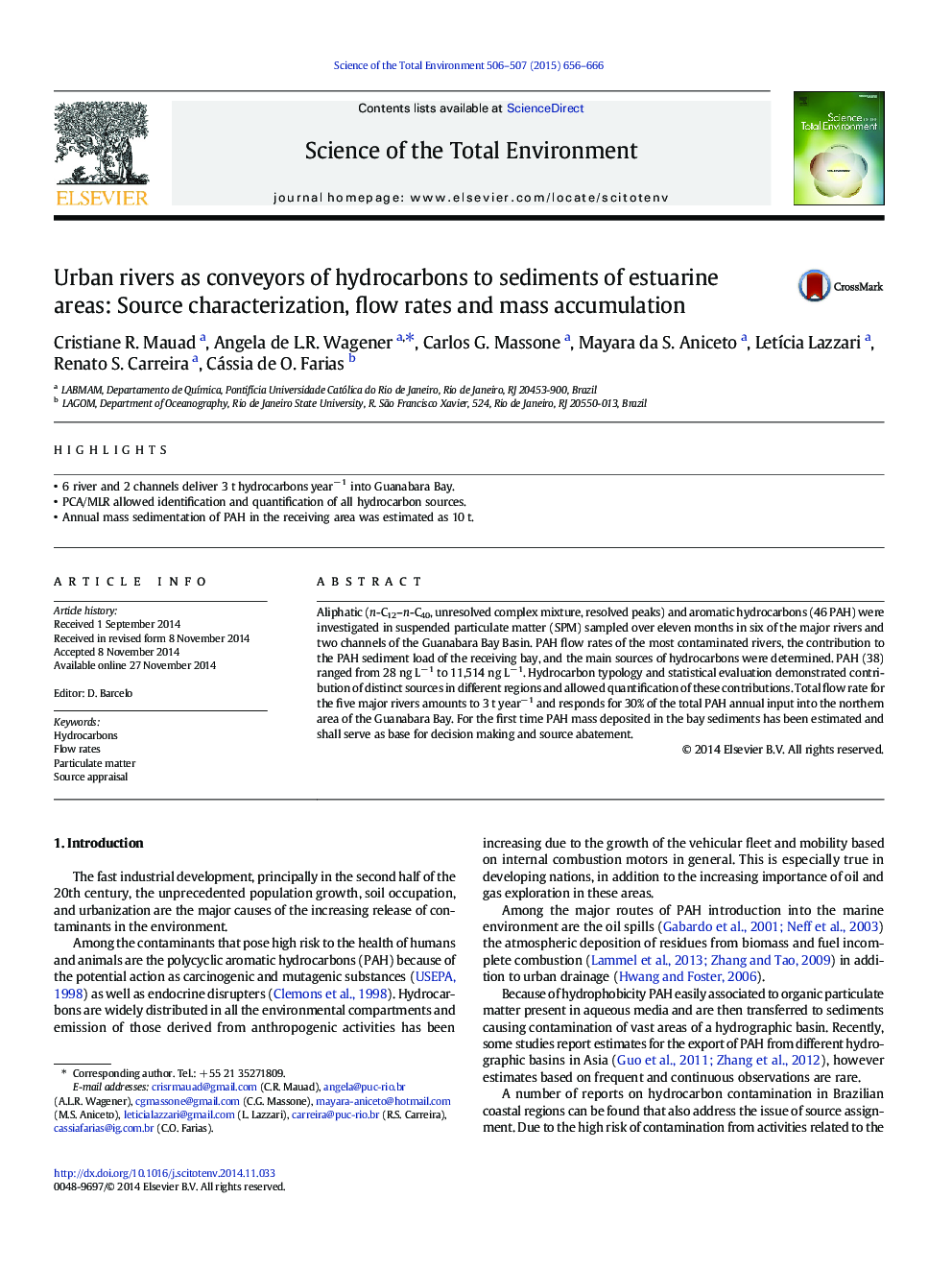 Urban rivers as conveyors of hydrocarbons to sediments of estuarine areas: Source characterization, flow rates and mass accumulation