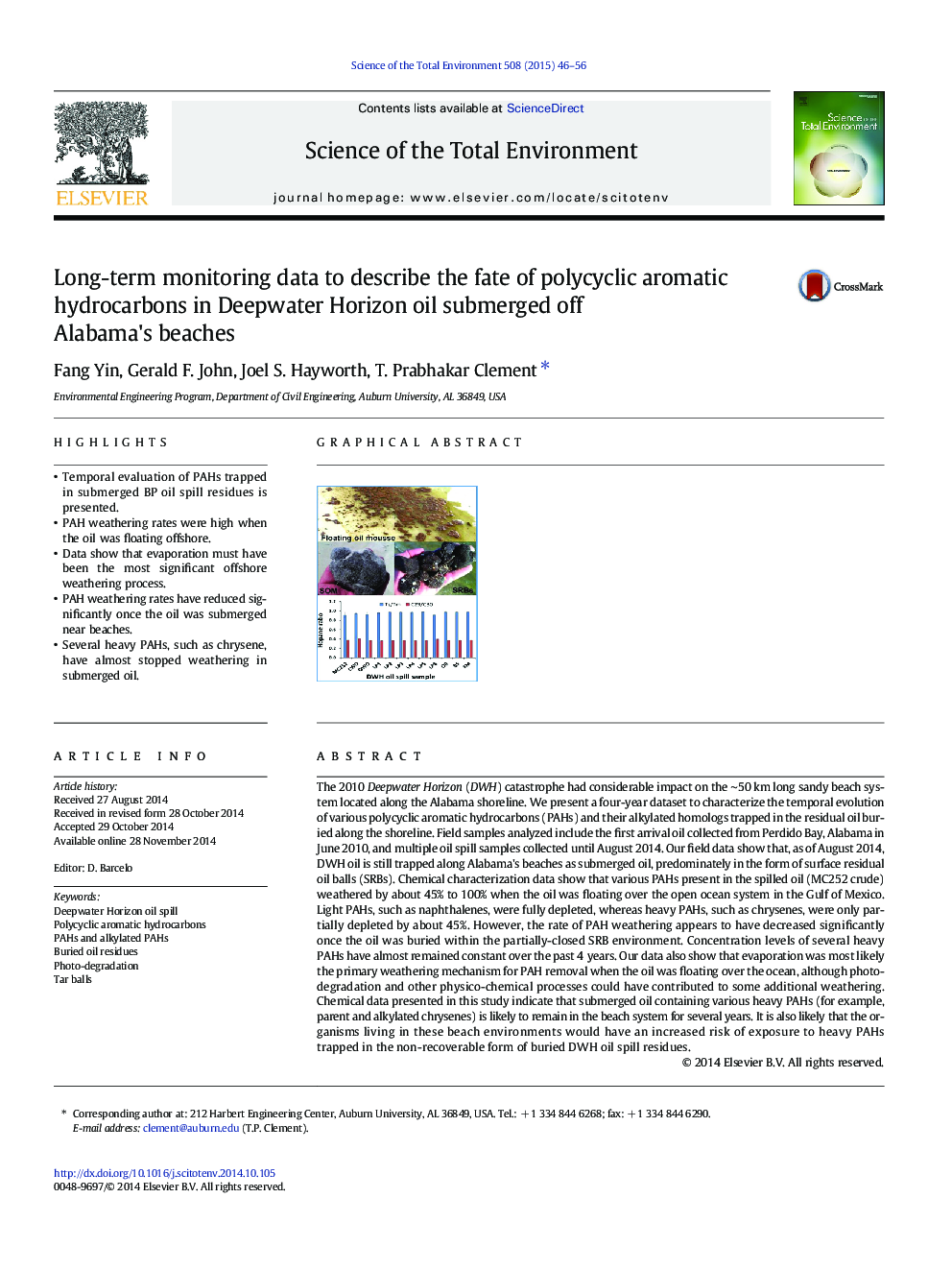 Long-term monitoring data to describe the fate of polycyclic aromatic hydrocarbons in Deepwater Horizon oil submerged off Alabama's beaches