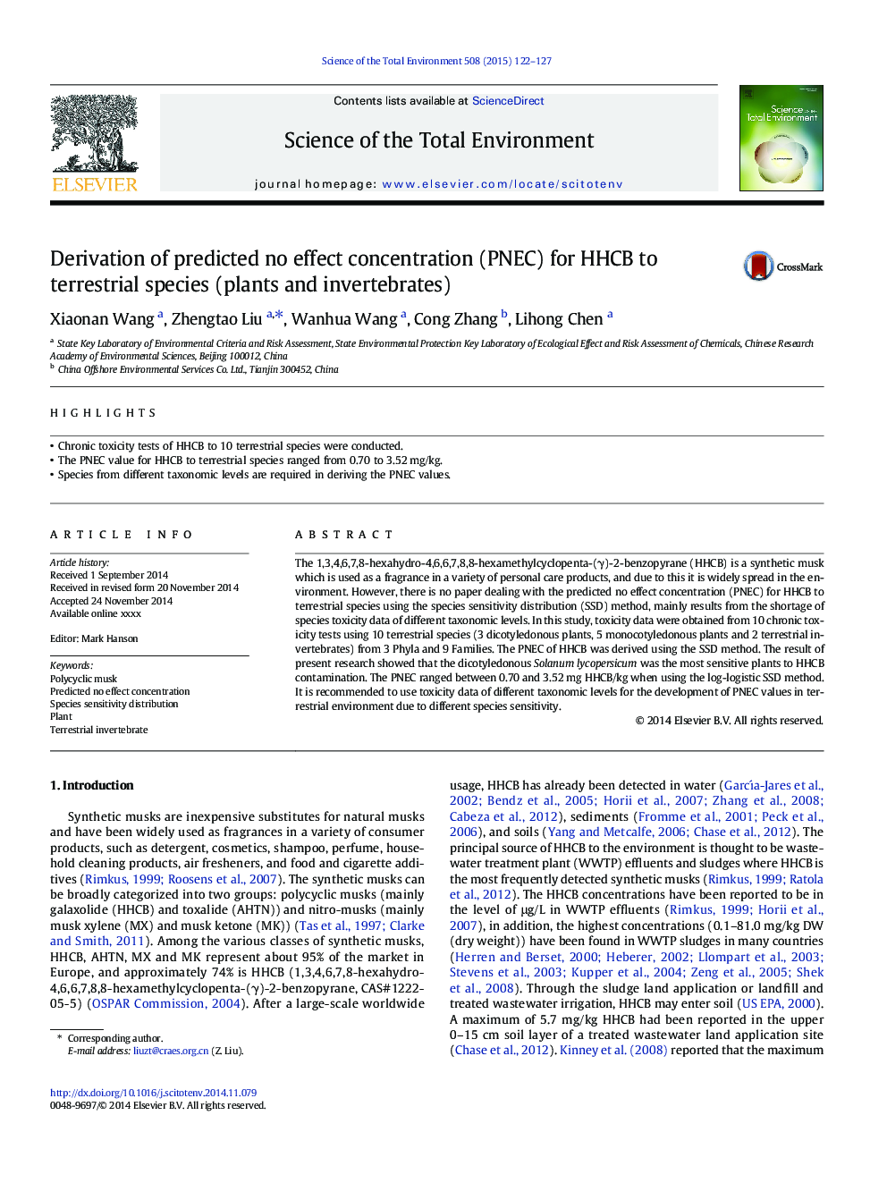 Derivation of predicted no effect concentration (PNEC) for HHCB to terrestrial species (plants and invertebrates)